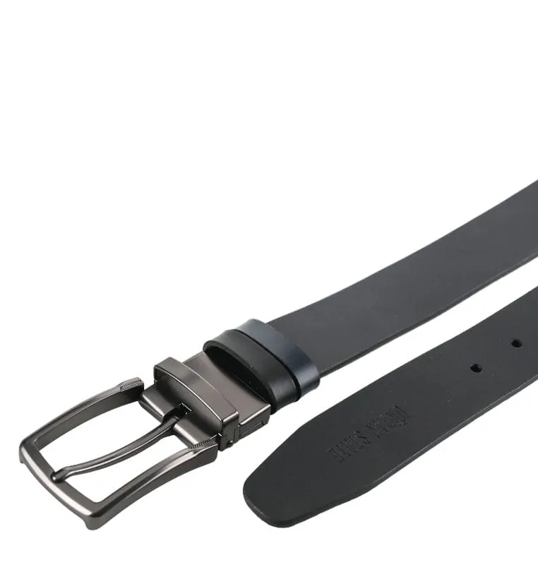 Gunmetal Formal Square Pin Buckle Reversible Top Grain Leather Belt - Black Blue