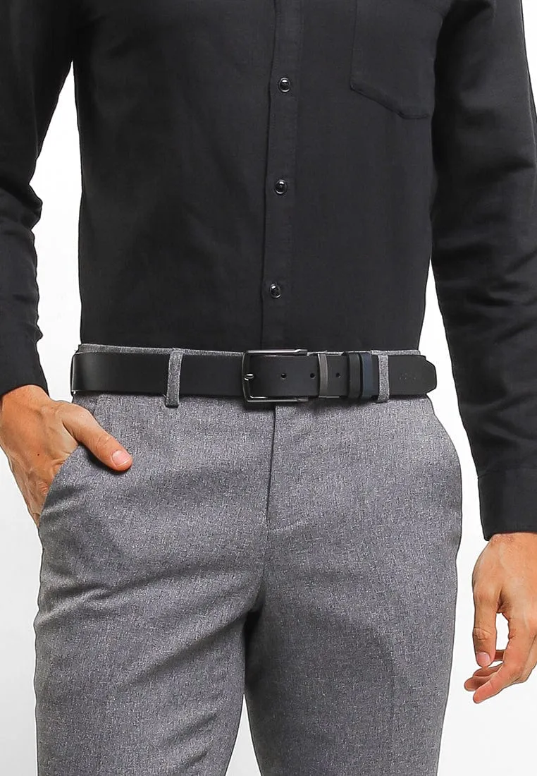 Gunmetal Formal Square Pin Buckle Reversible Top Grain Leather Belt - Black Blue