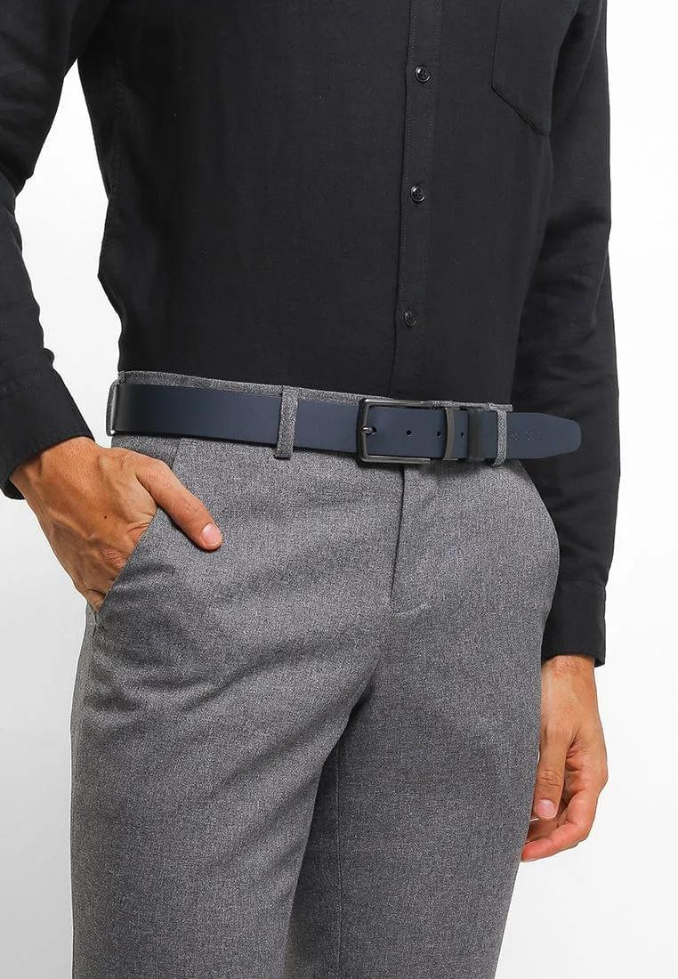 Gunmetal Formal Square Pin Buckle Reversible Top Grain Leather Belt - Black Blue