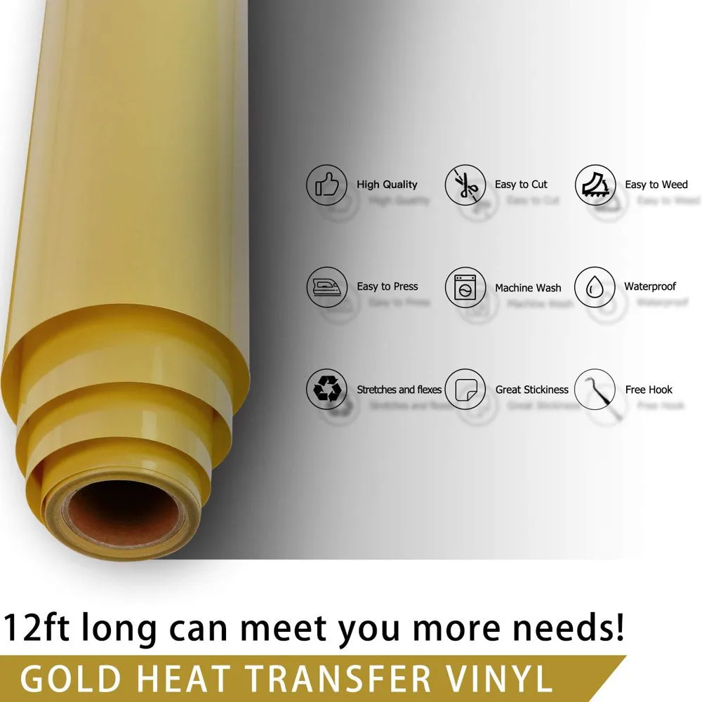 HTVRONT Gold HTV Heat Transfer Vinyl Roll- 12" X 12FT Gold HTV Vinyl for Shirts - Easy to Cut & Weed Iron on Vinyl for Clothes(Gold)