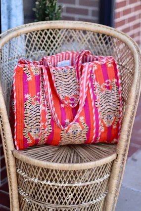 Iconic Oversized Quilted Tote Bag in Orange Stripe/Tiger
