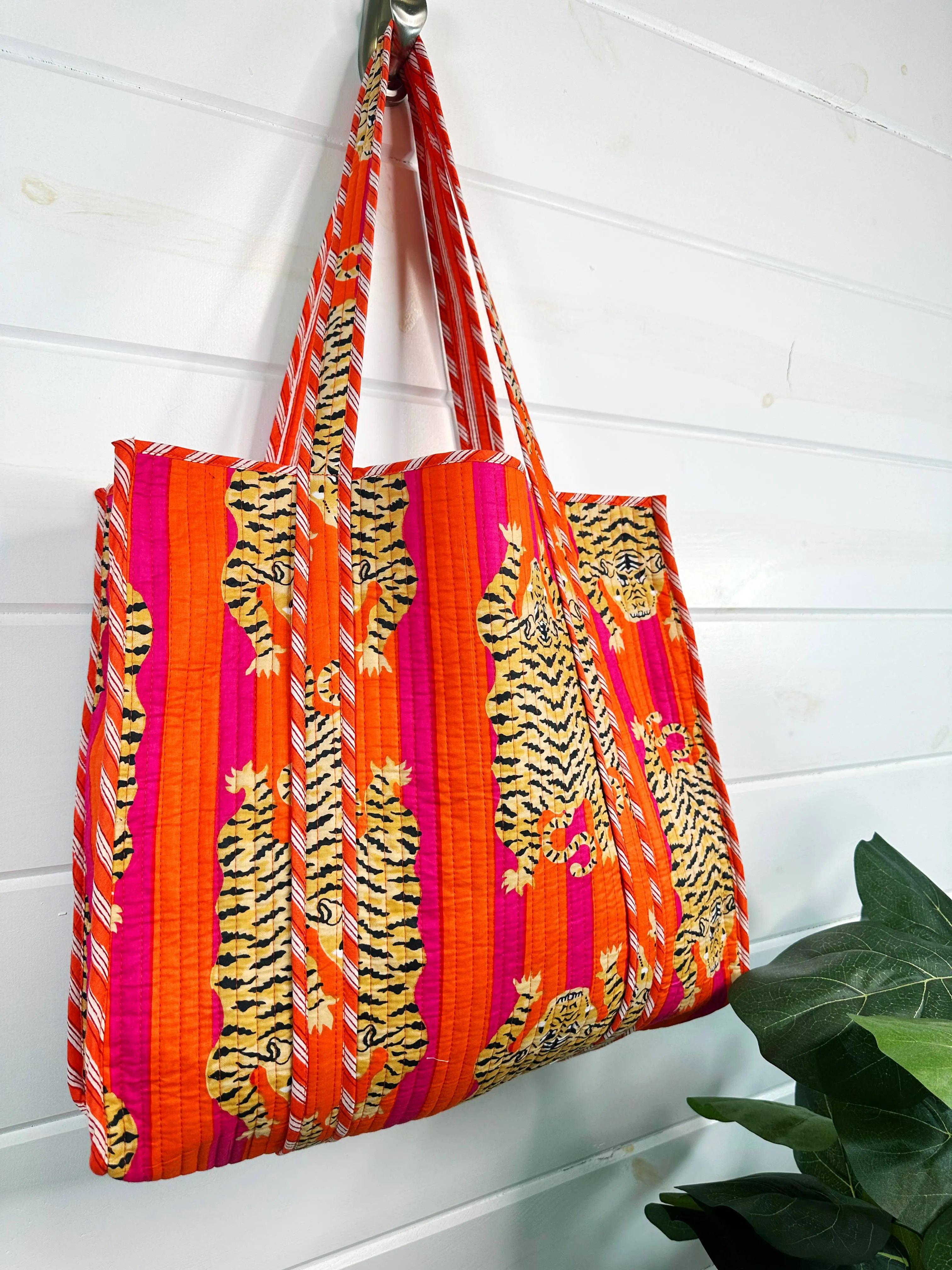 Iconic Oversized Quilted Tote Bag in Orange Stripe/Tiger