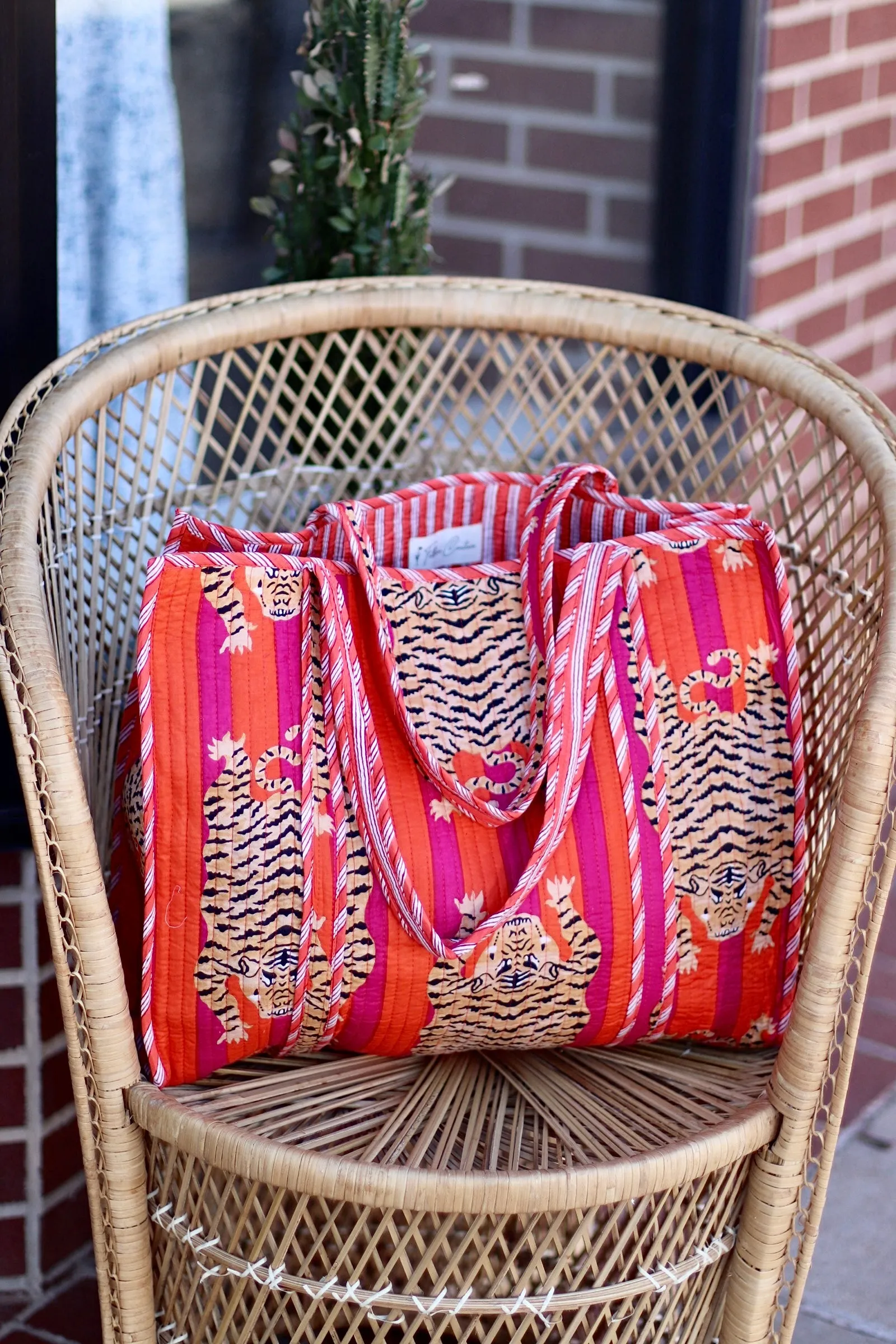 Iconic Oversized Quilted Tote Bag in Orange Stripe/Tiger