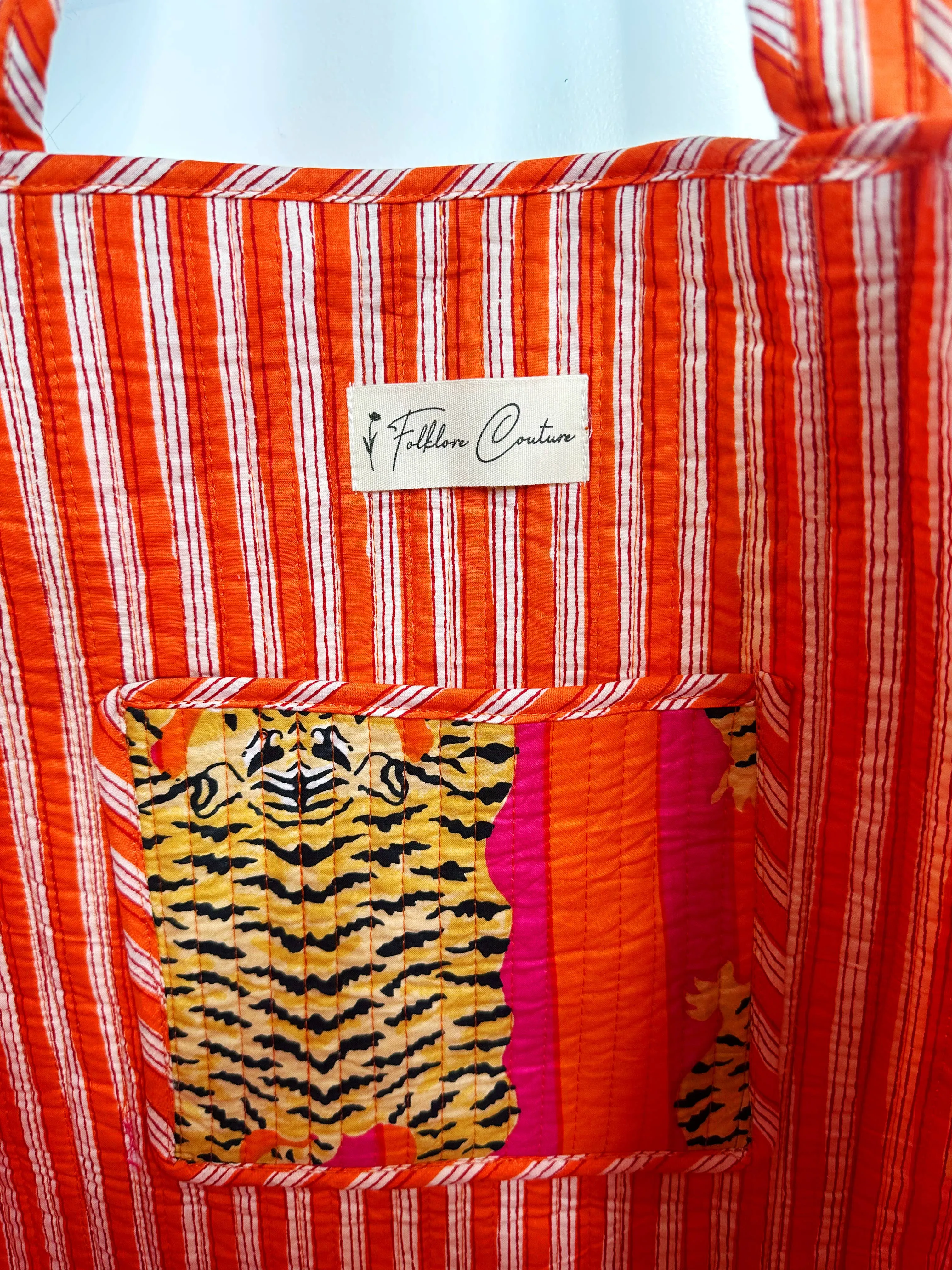 Iconic Oversized Quilted Tote Bag in Orange Stripe/Tiger
