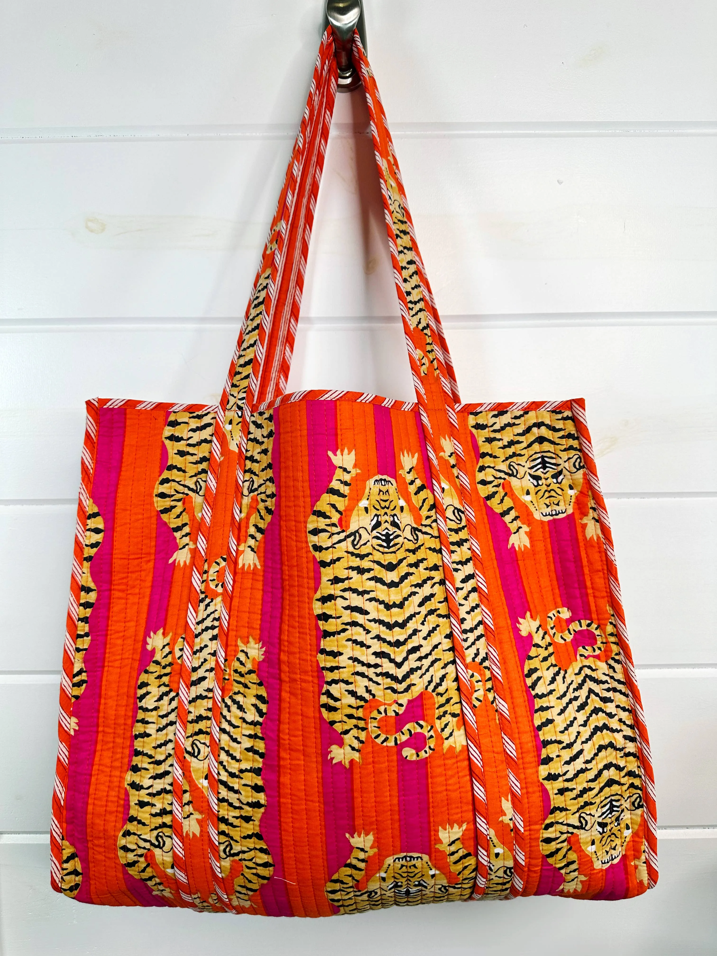 Iconic Oversized Quilted Tote Bag in Orange Stripe/Tiger