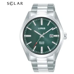 Lorus Men's Solar Watch with Date, Stainless Steel Band, Green Dial RX331AX9