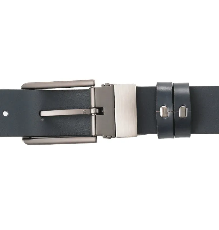 Matte Slim Square Pin Buckle Reversible Top Grain Leather Belt - Black Blue