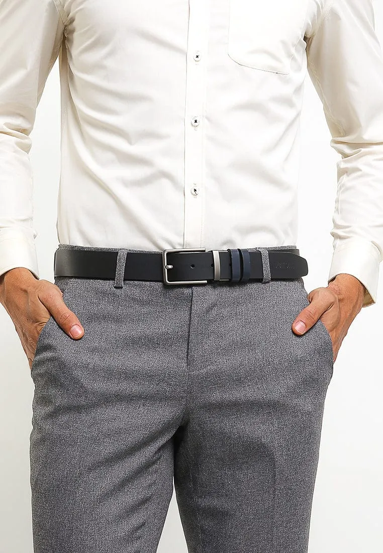 Matte Slim Square Pin Buckle Reversible Top Grain Leather Belt - Black Blue