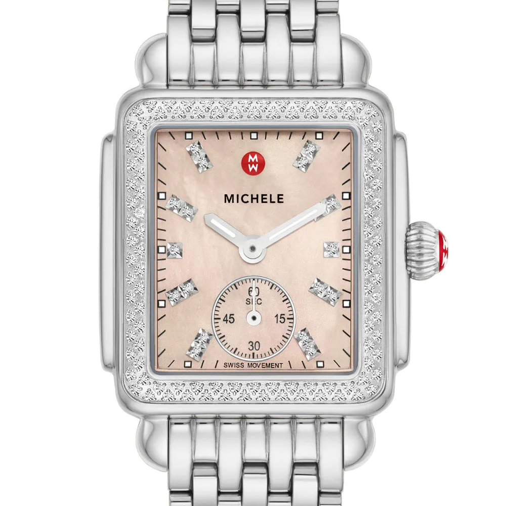 Michele Deco Mid Stainless Steel Diamond Watch with Apricot Dial