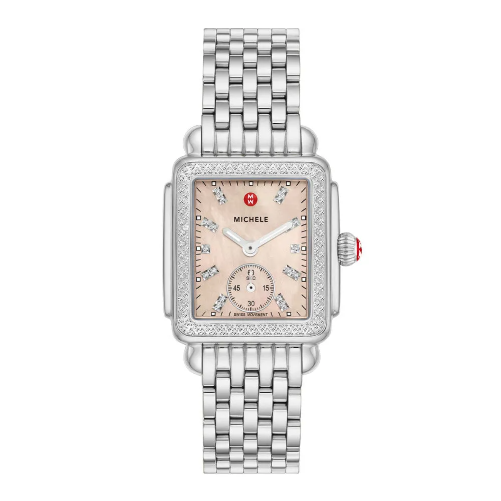 Michele Deco Mid Stainless Steel Diamond Watch with Apricot Dial