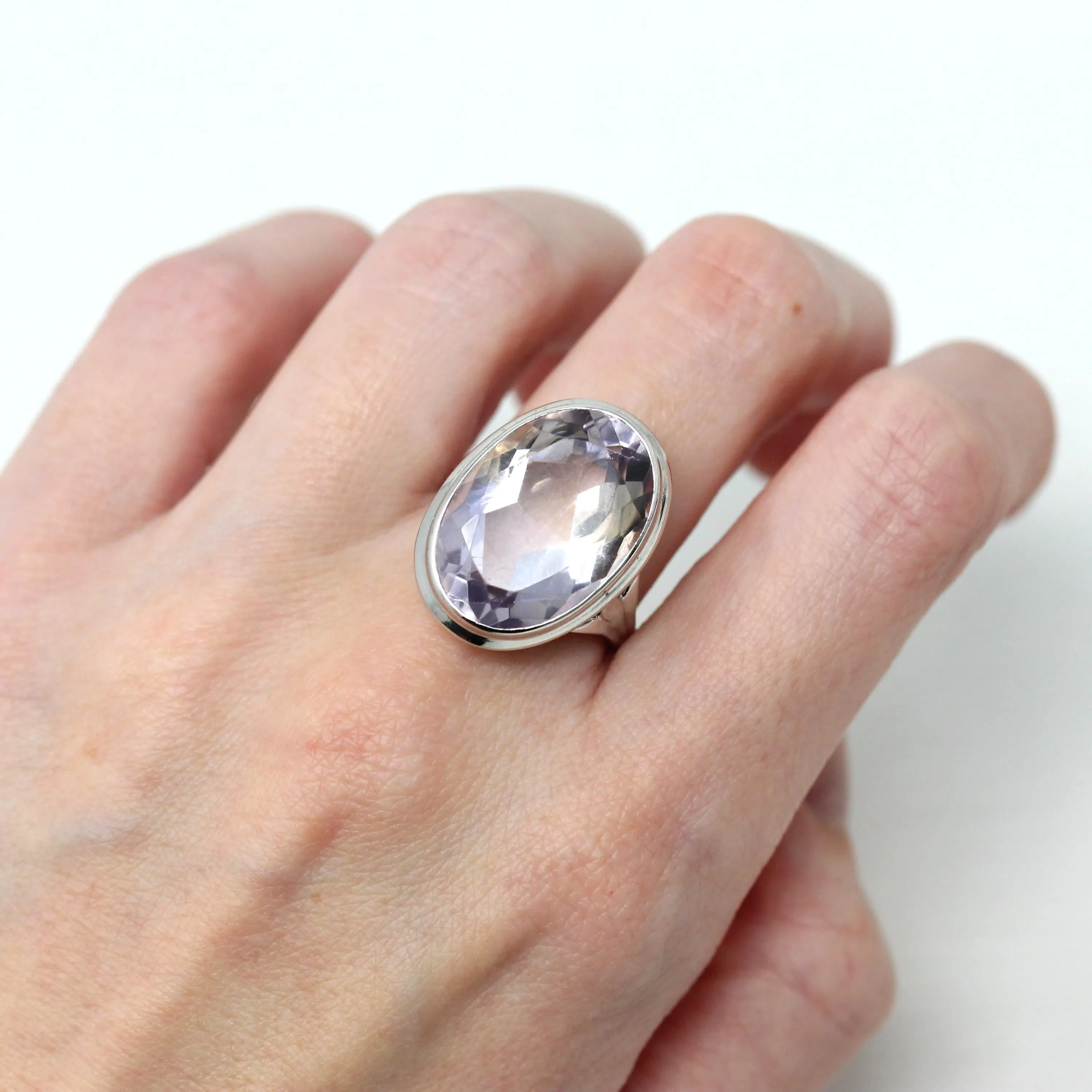 Mid Century Amethyst Ring - Vintage 1950s Era 14k White Gold 14.49 CT Genuine Purple Gem - Retro Size 8 1/4 Large Oval Fine Purple Jewelry