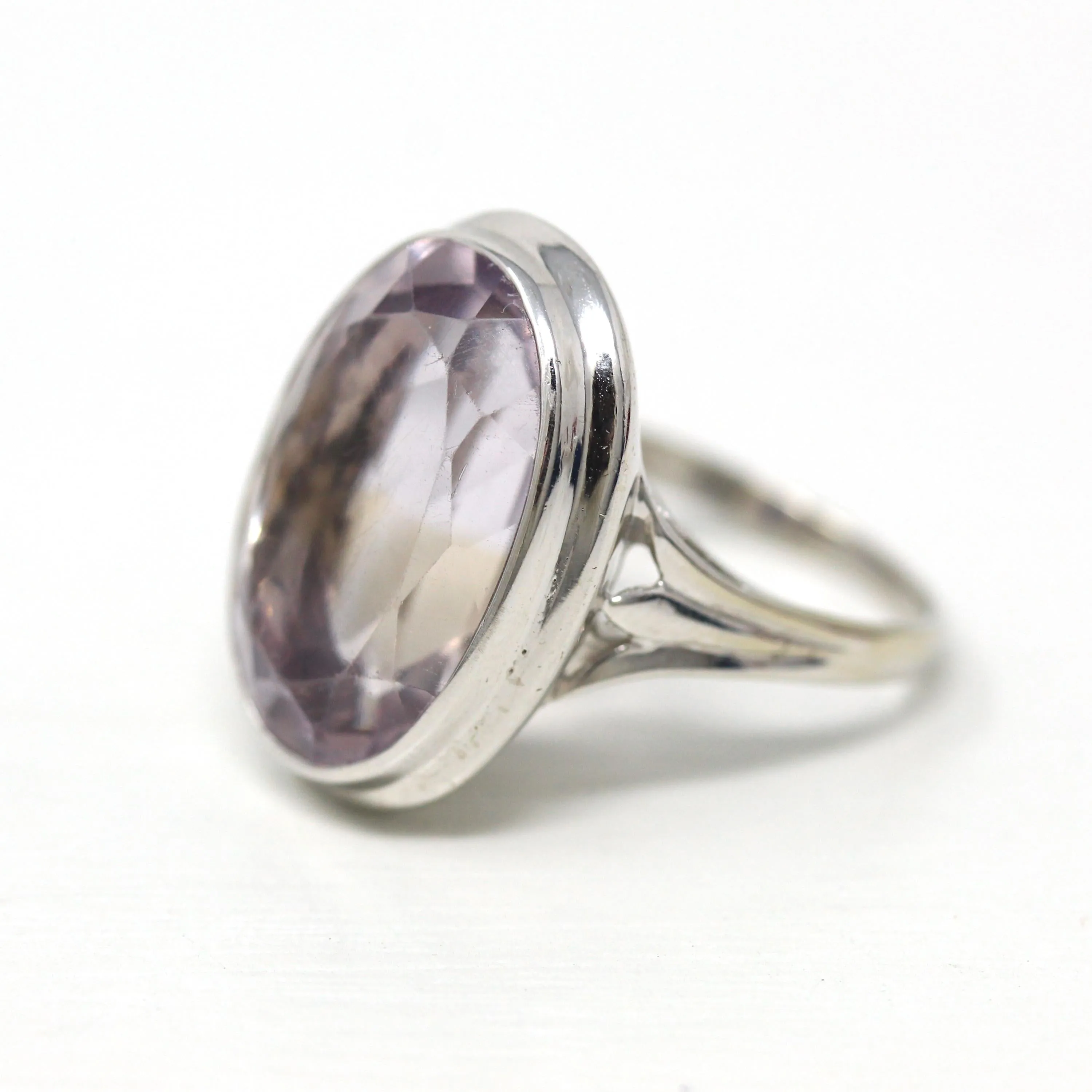 Mid Century Amethyst Ring - Vintage 1950s Era 14k White Gold 14.49 CT Genuine Purple Gem - Retro Size 8 1/4 Large Oval Fine Purple Jewelry
