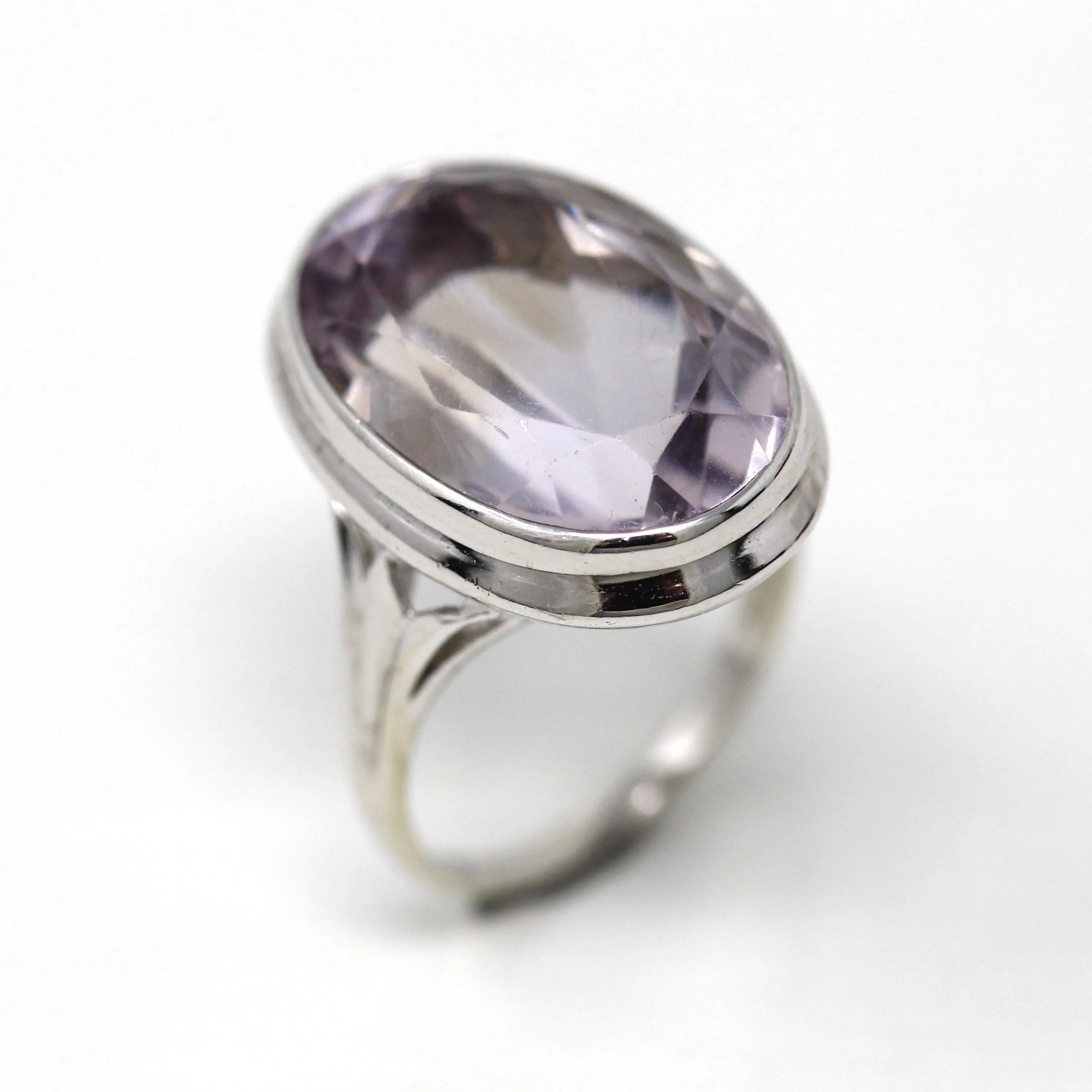 Mid Century Amethyst Ring - Vintage 1950s Era 14k White Gold 14.49 CT Genuine Purple Gem - Retro Size 8 1/4 Large Oval Fine Purple Jewelry