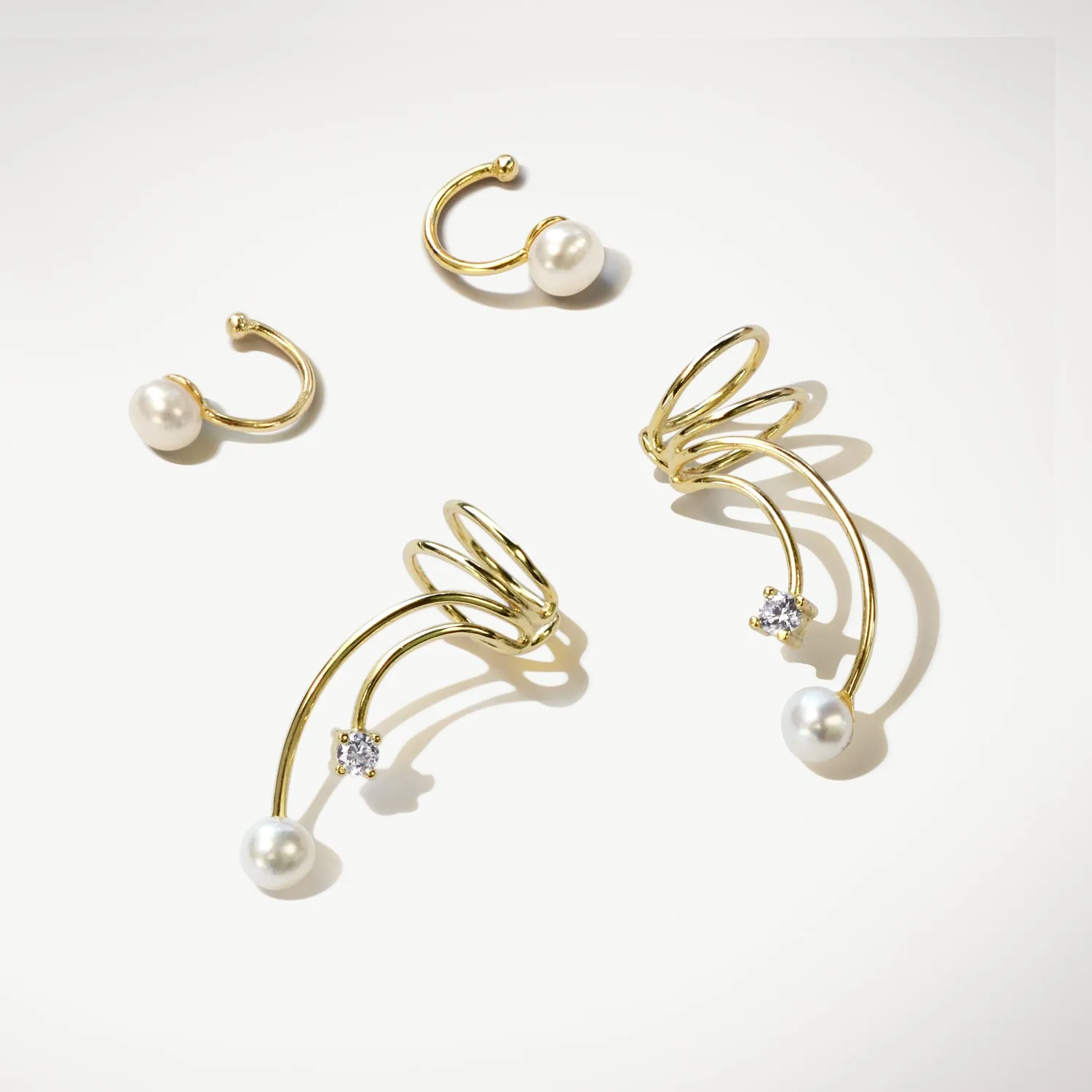 Minimalist Spiral Wire Ear Cuff Cartilage Earrings with Freshwater Pearls Gold Plated