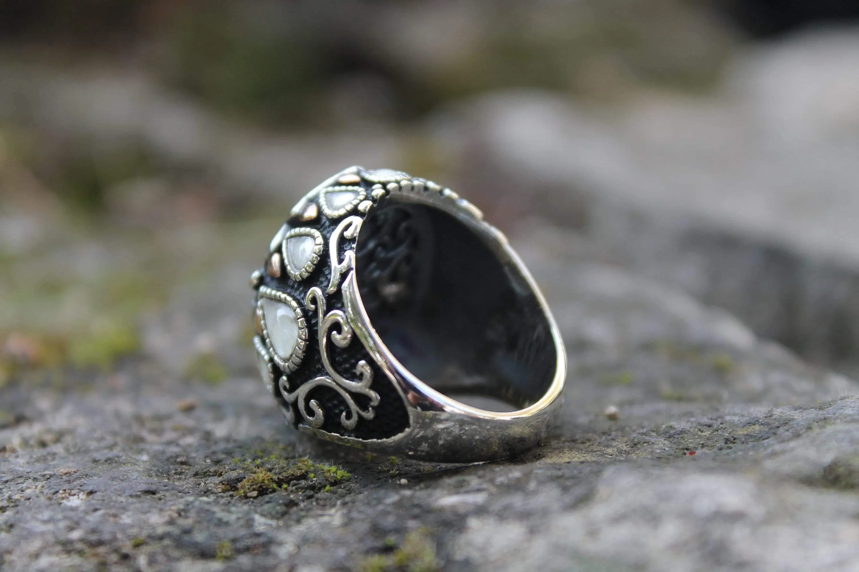 Mother of Pearl Men Ring, Vintage Men Silver Ring