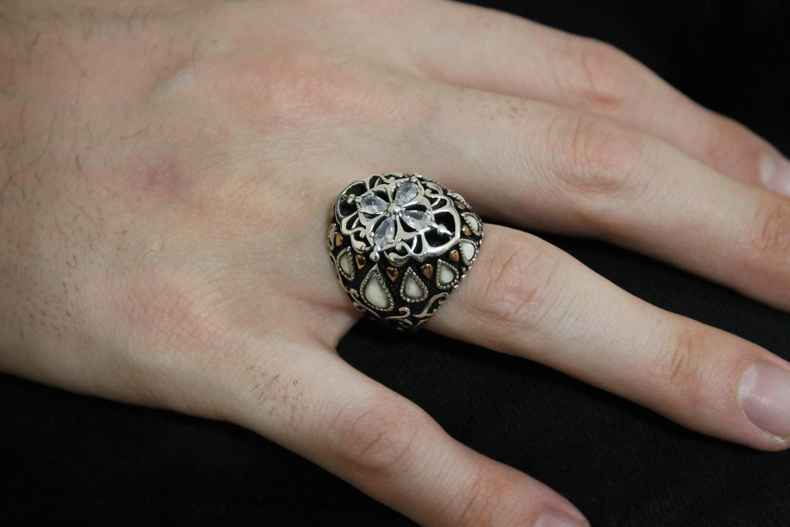 Mother of Pearl Men Ring, Vintage Men Silver Ring