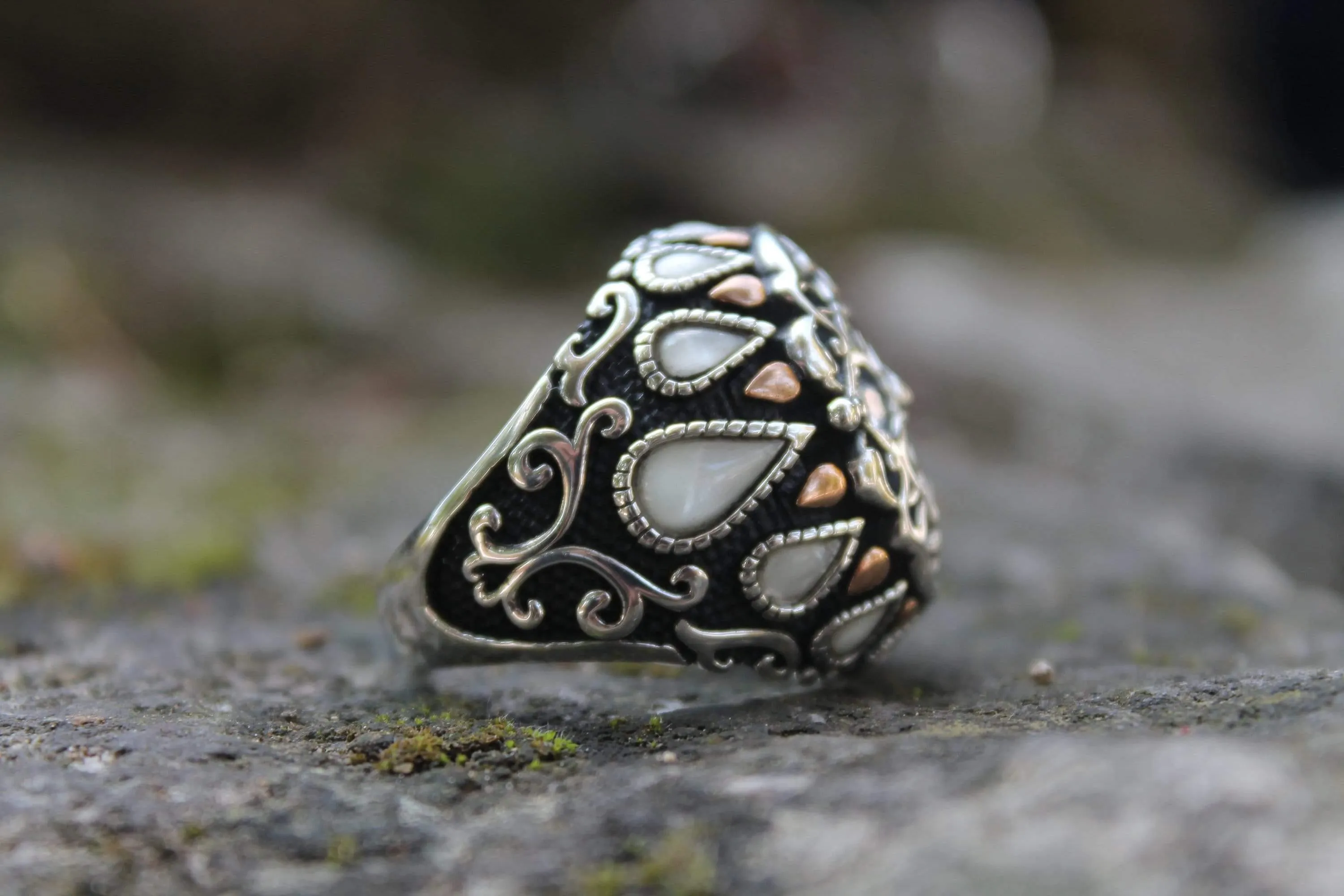 Mother of Pearl Men Ring, Vintage Men Silver Ring