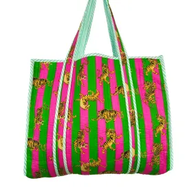 Neon Green and Pink Stripe Tiger Tote