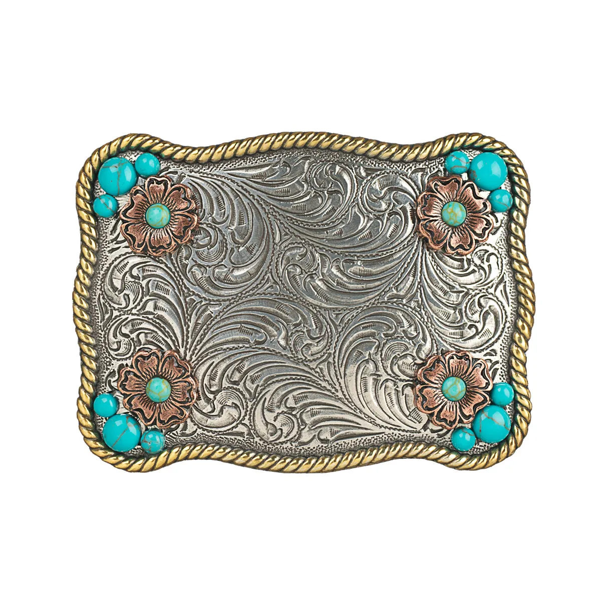 Nocona Ladies Rectangle Floral Buckle w/ Turquoise Stones