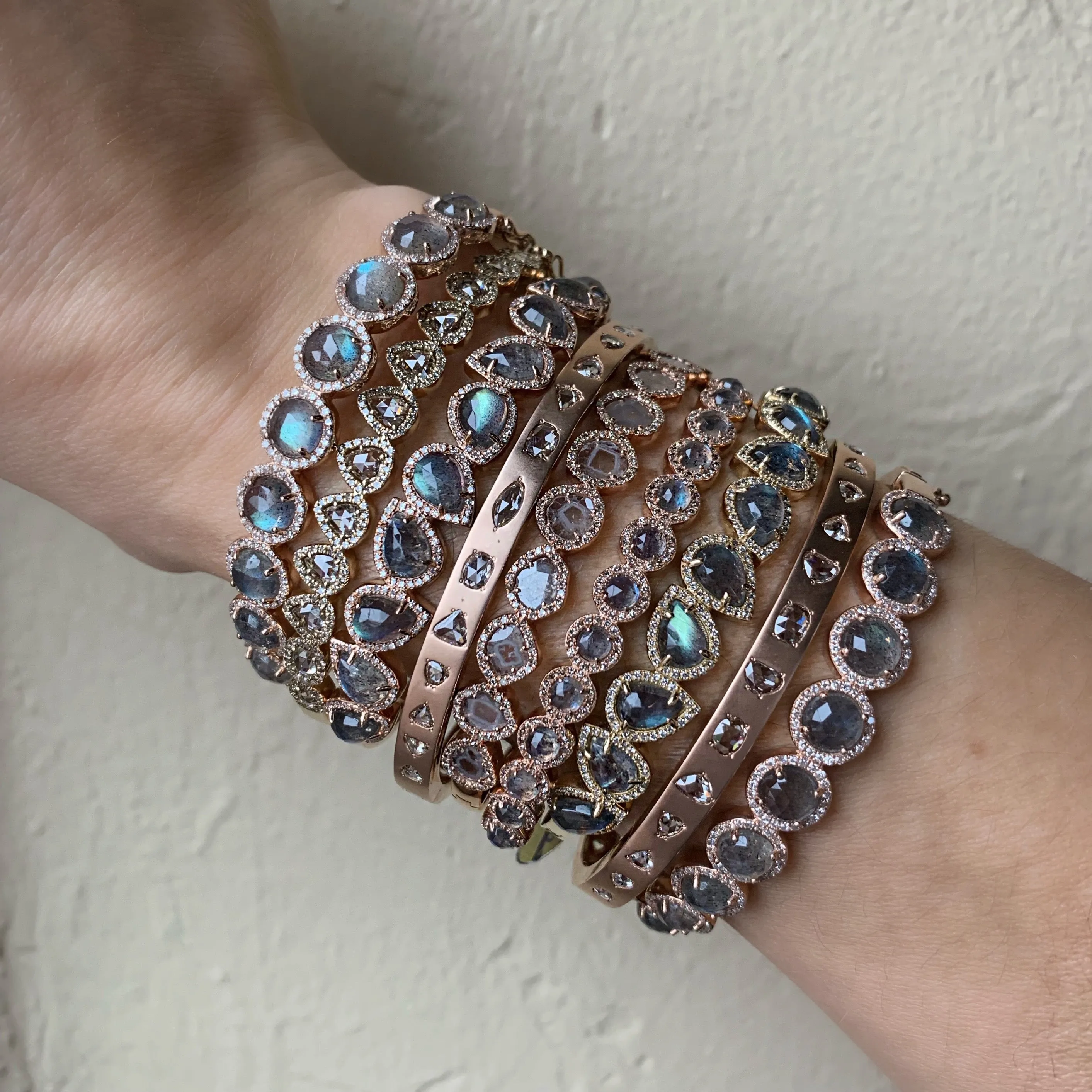 Petite Round Labradorite With Diamond Cuff Bangle Bracelet