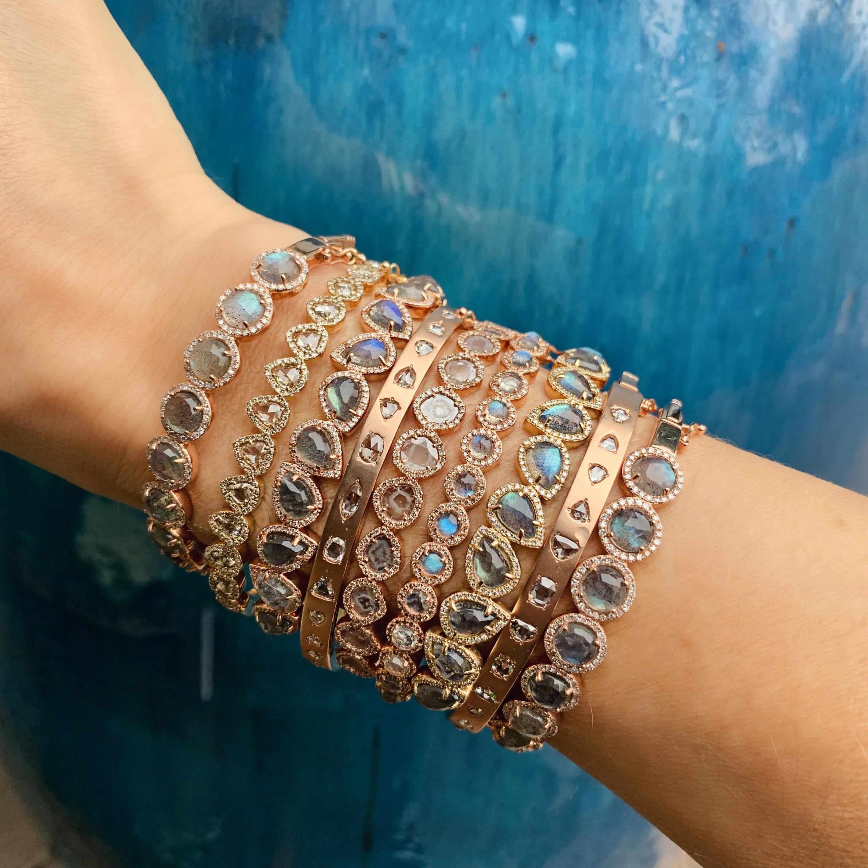 Petite Round Labradorite With Diamond Cuff Bangle Bracelet