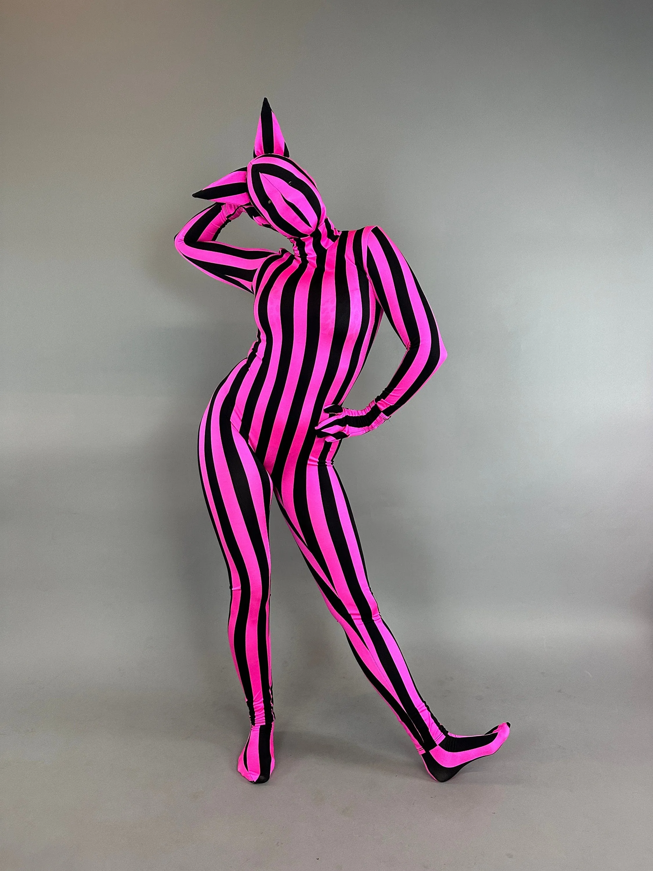 Pink And Black Stripe Full Body Cat Costume, Turtleneck, Full Sleeves Catsuit, Includes Headpiece