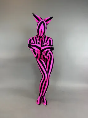 Pink And Black Stripe Full Body Cat Costume, Turtleneck, Full Sleeves Catsuit, Includes Headpiece