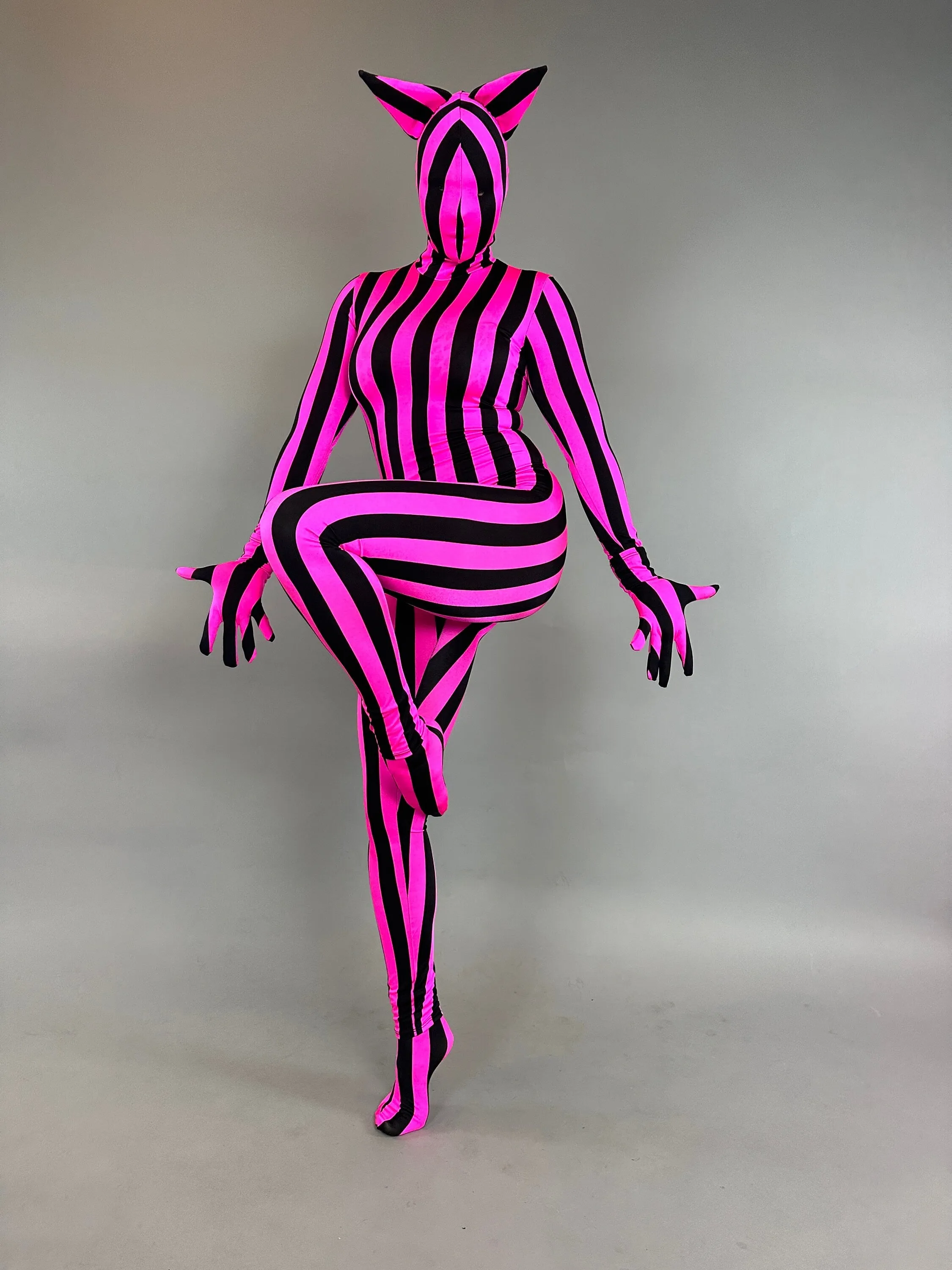 Pink And Black Stripe Full Body Cat Costume, Turtleneck, Full Sleeves Catsuit, Includes Headpiece