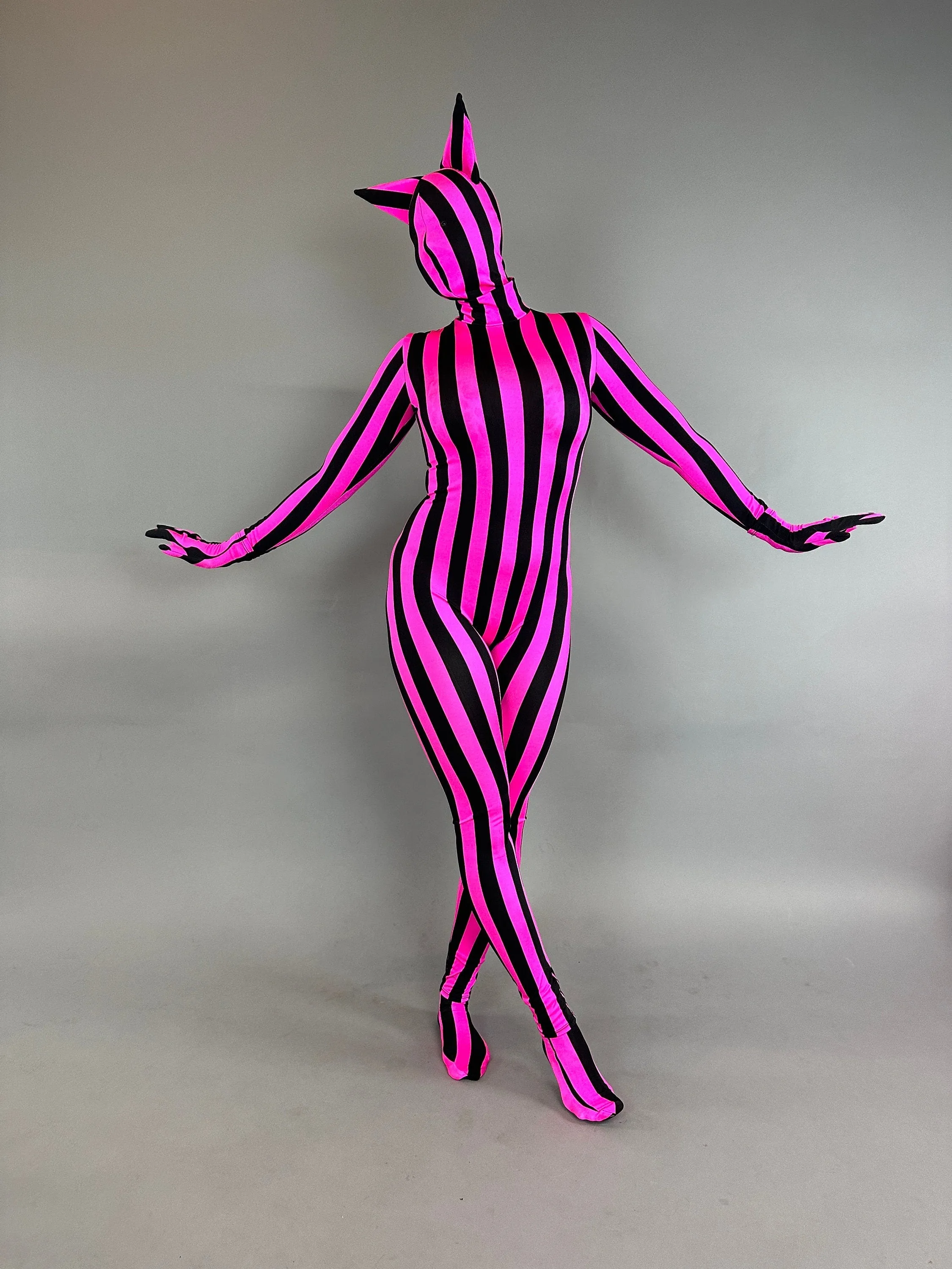 Pink And Black Stripe Full Body Cat Costume, Turtleneck, Full Sleeves Catsuit, Includes Headpiece
