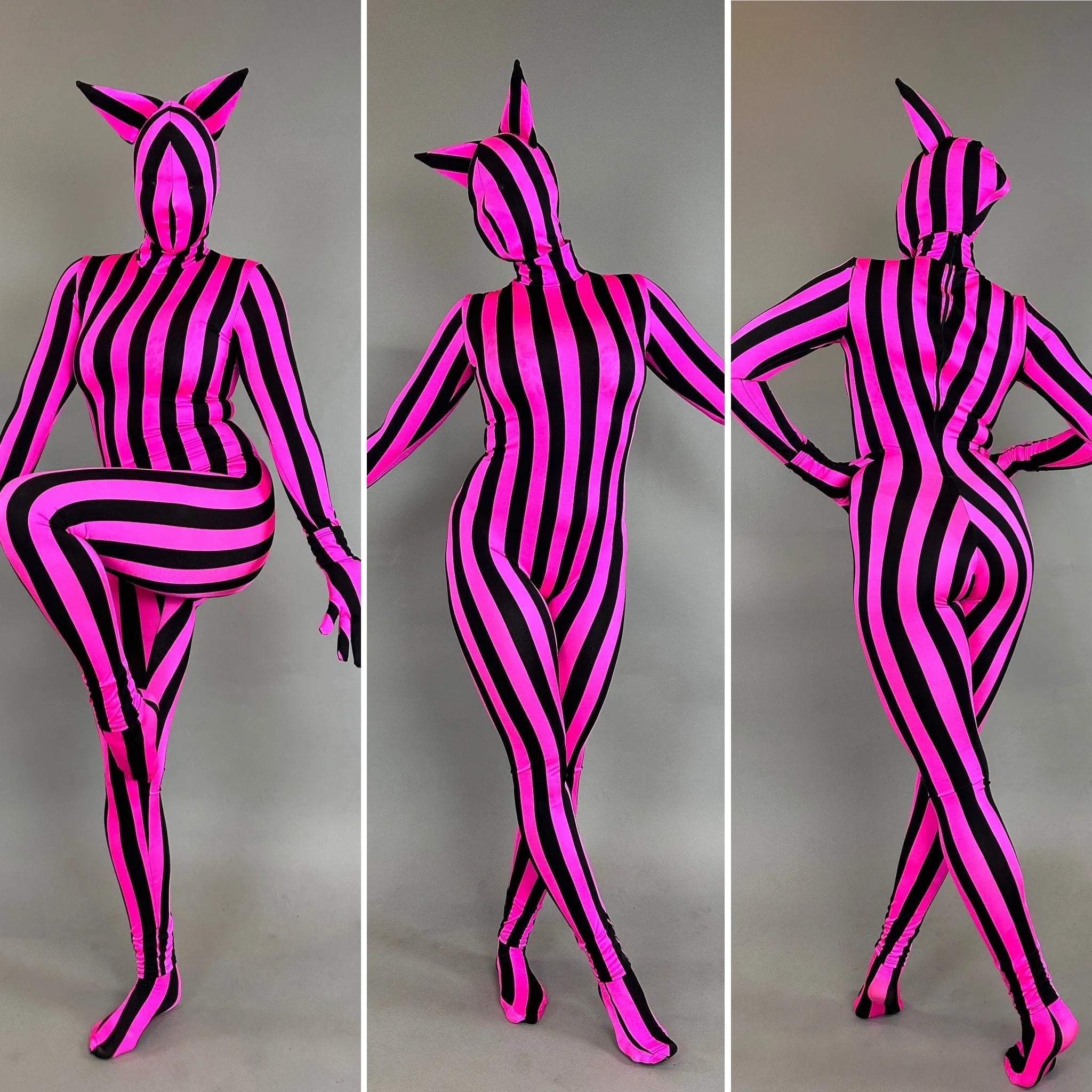 Pink And Black Stripe Full Body Cat Costume, Turtleneck, Full Sleeves Catsuit, Includes Headpiece