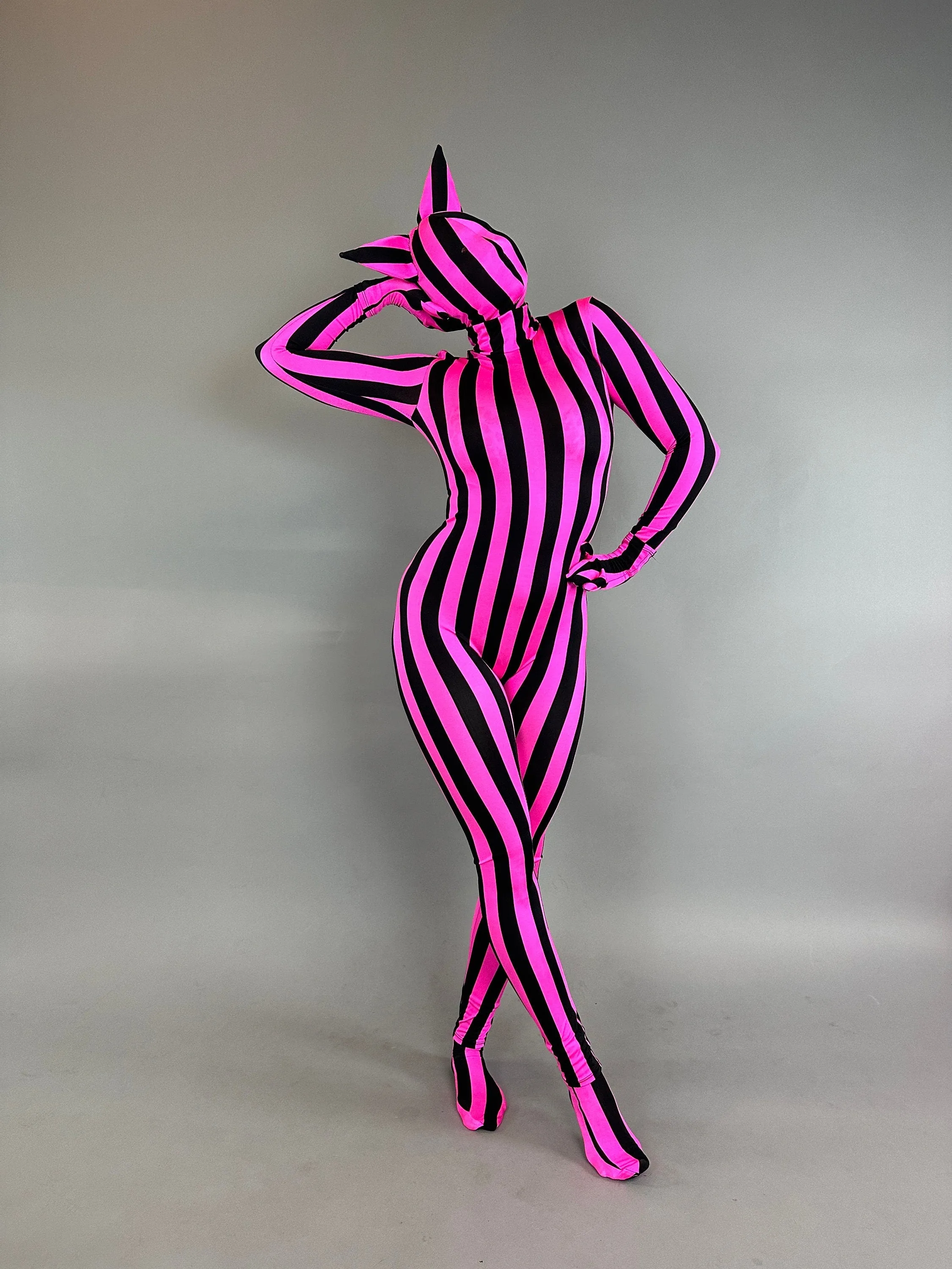 Pink And Black Stripe Full Body Cat Costume, Turtleneck, Full Sleeves Catsuit, Includes Headpiece