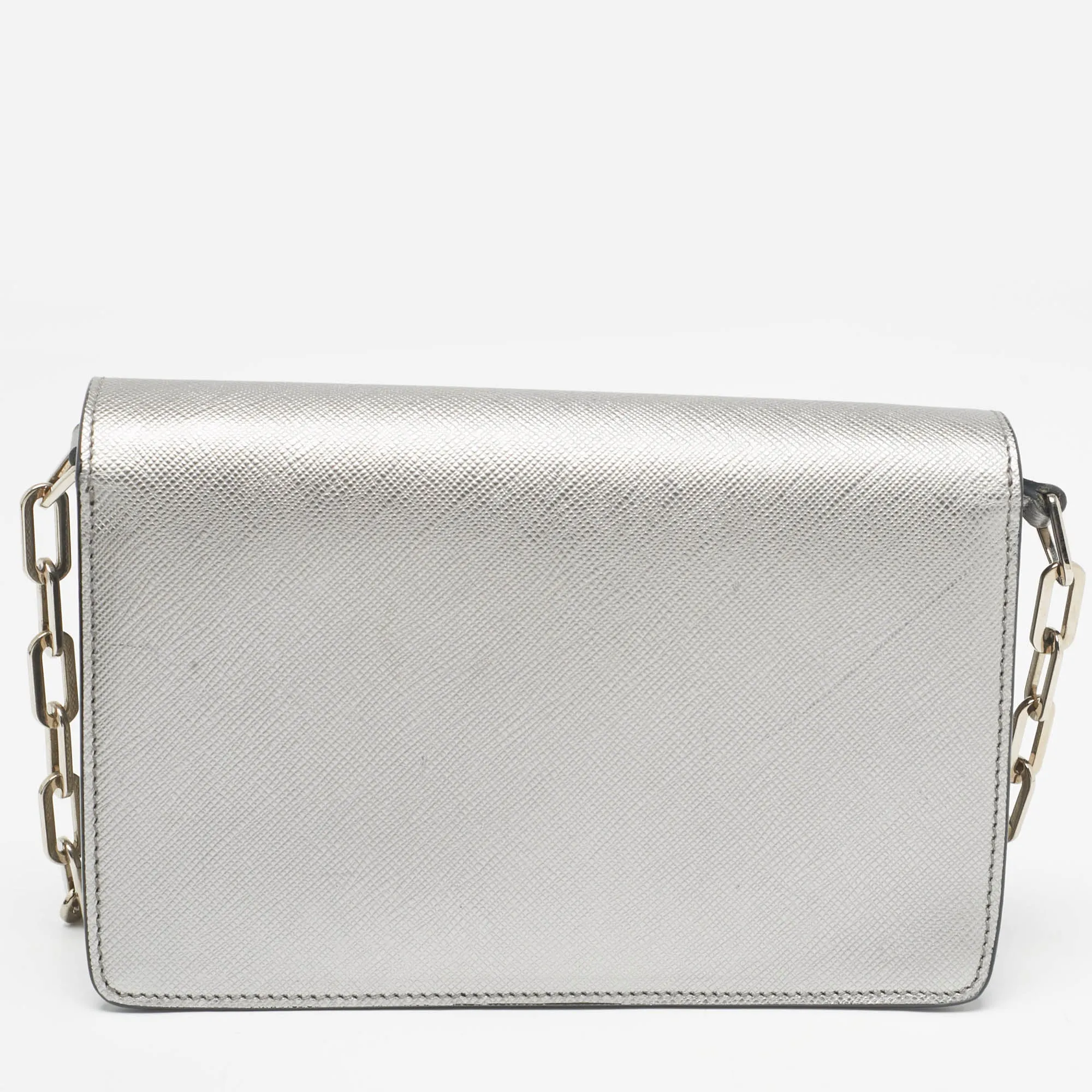 Prada Silver Saffiano Lux Leather Flap Chain Clutch