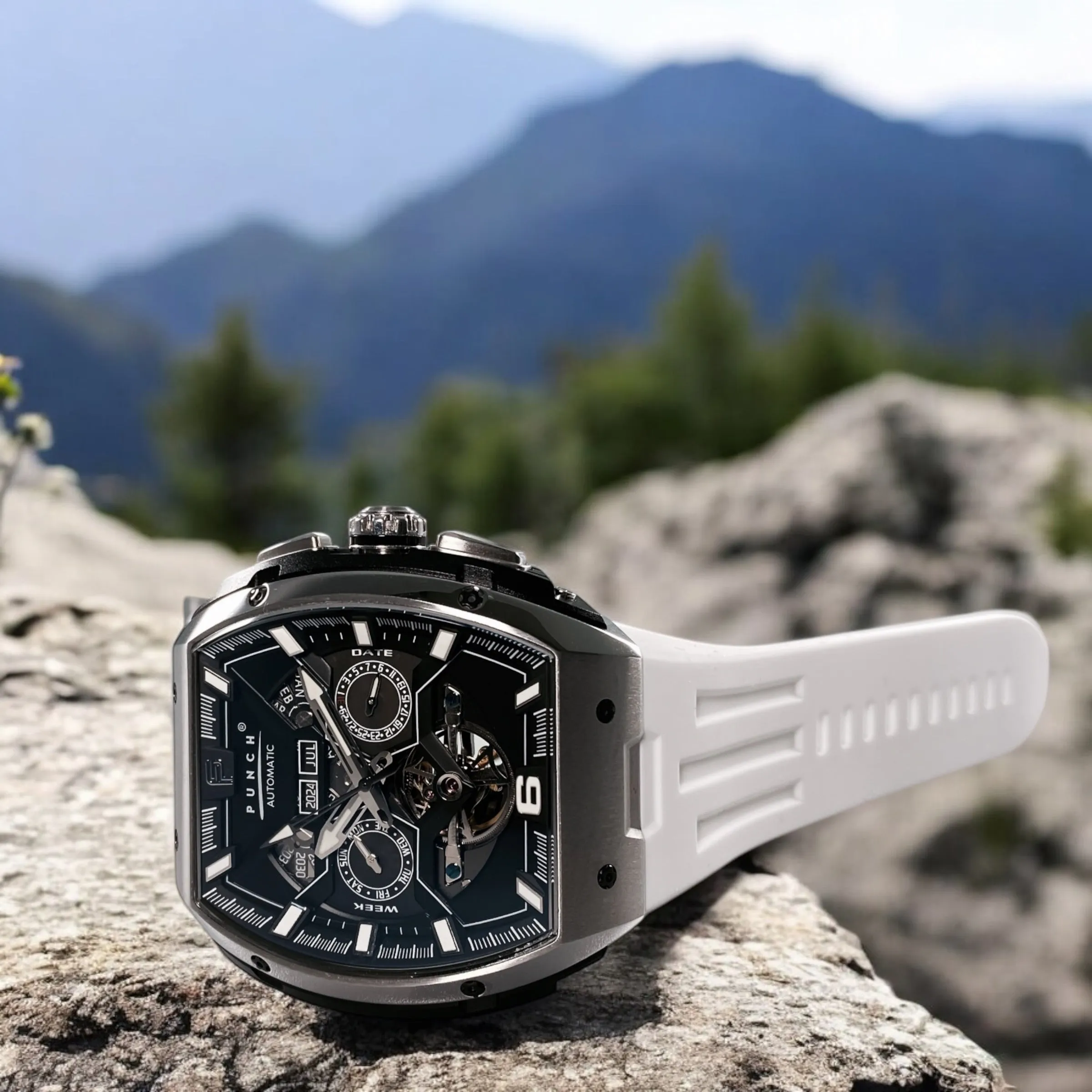 PUNCH Silver & Black Square Automatic Men's Watch - White Silicone Strap