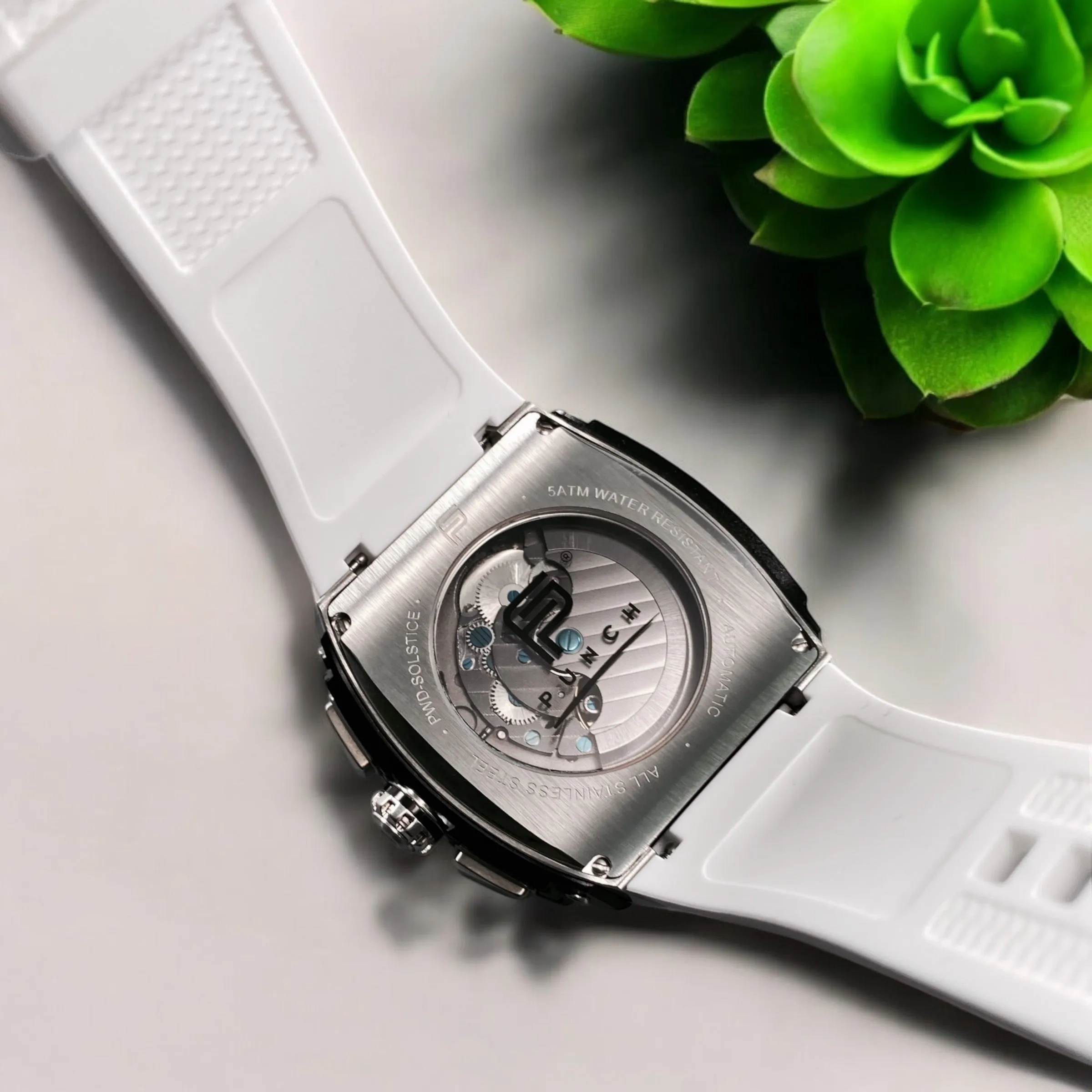 PUNCH Silver & Black Square Automatic Men's Watch - White Silicone Strap