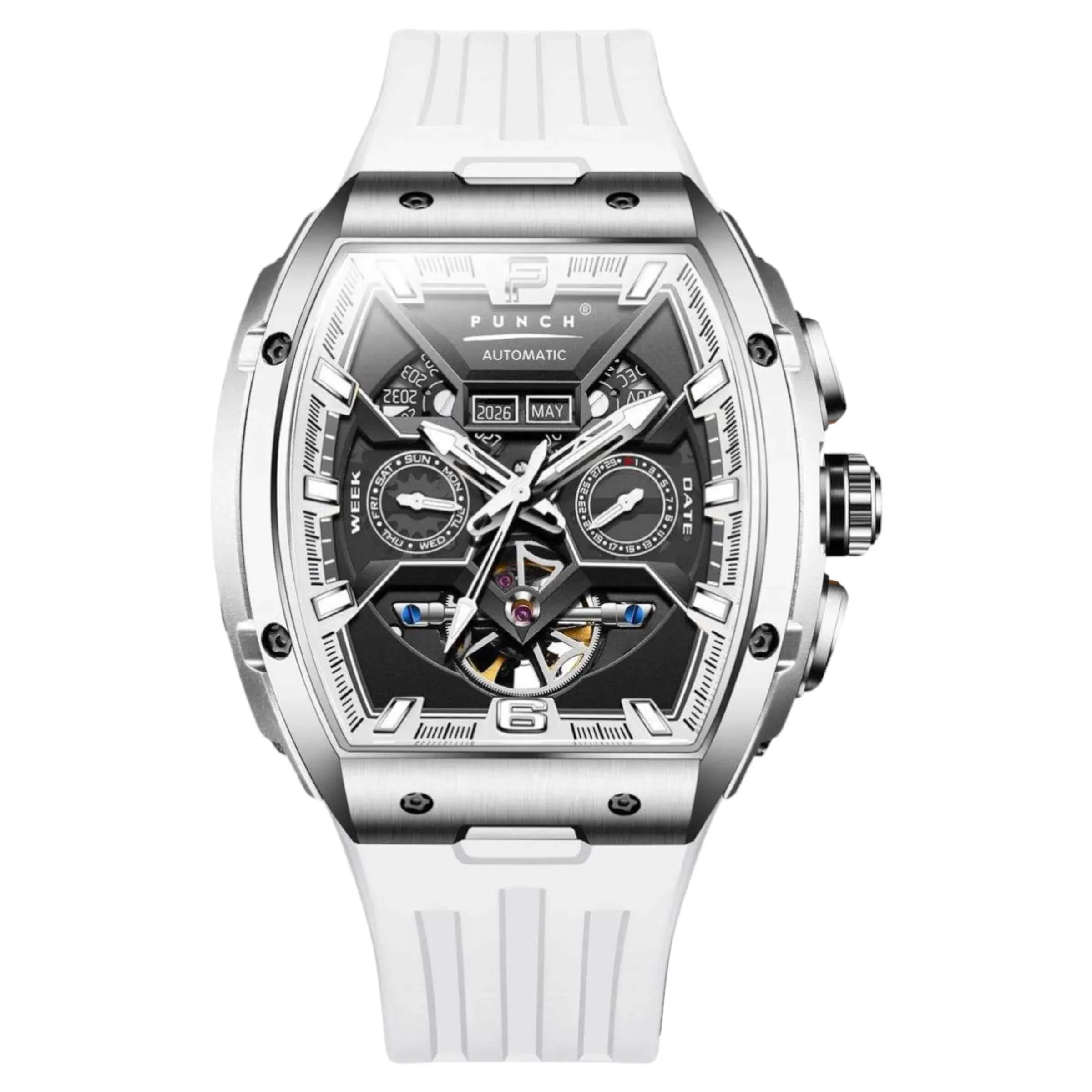 PUNCH Silver & Black Square Automatic Men's Watch - White Silicone Strap