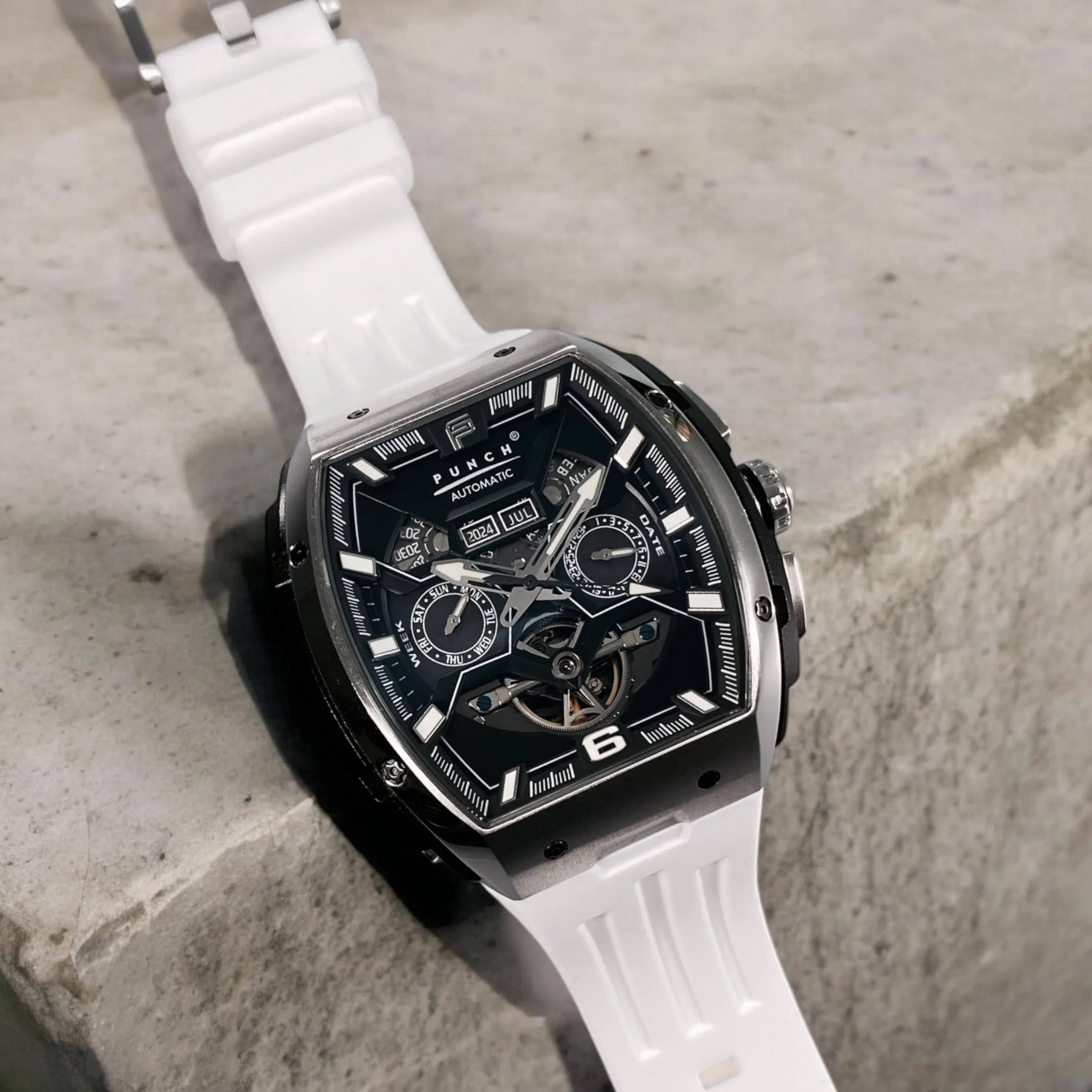 PUNCH Silver & Black Square Automatic Men's Watch - White Silicone Strap