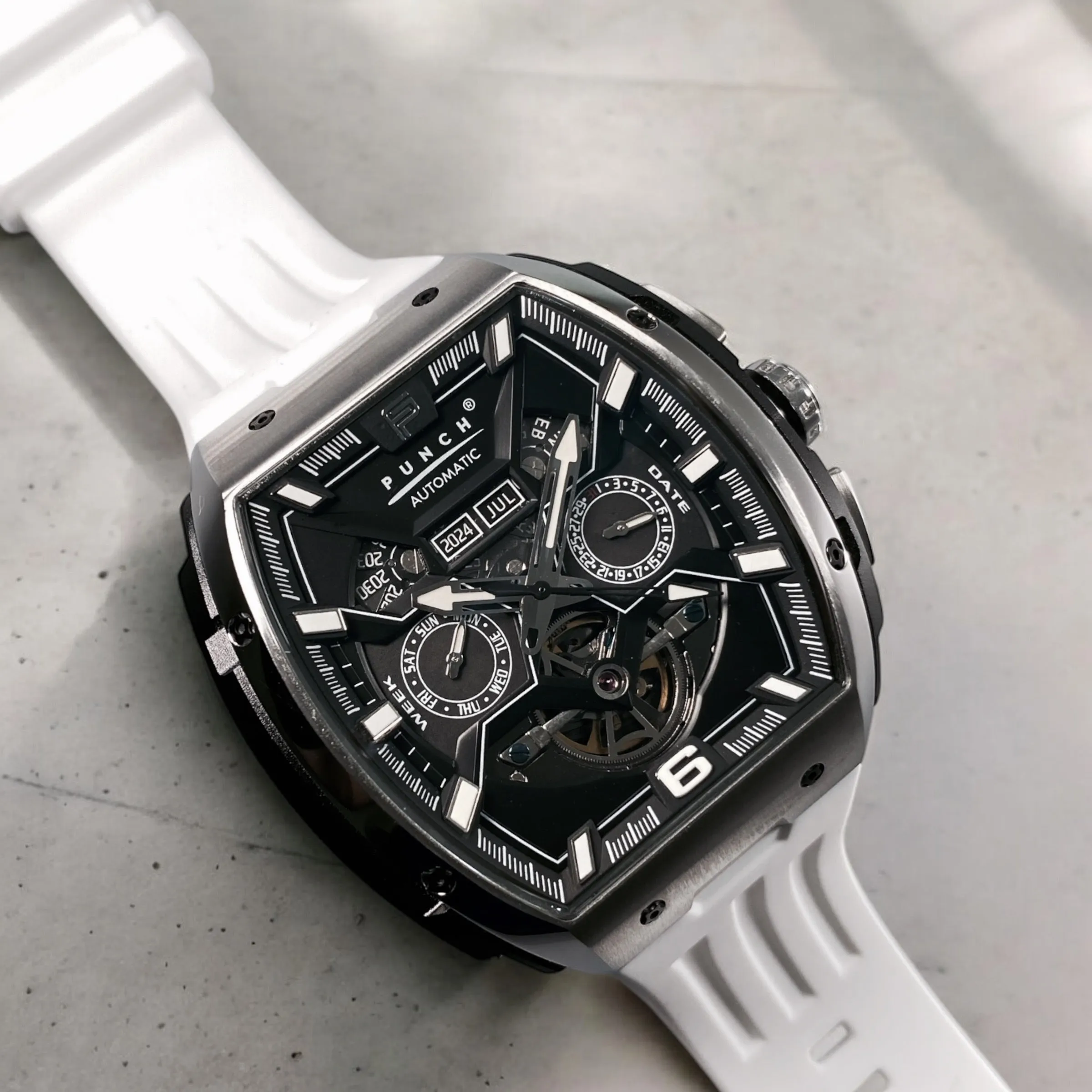 PUNCH Silver & Black Square Automatic Men's Watch - White Silicone Strap