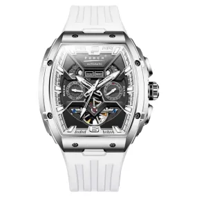 PUNCH Silver & Black Square Automatic Men's Watch - White Silicone Strap