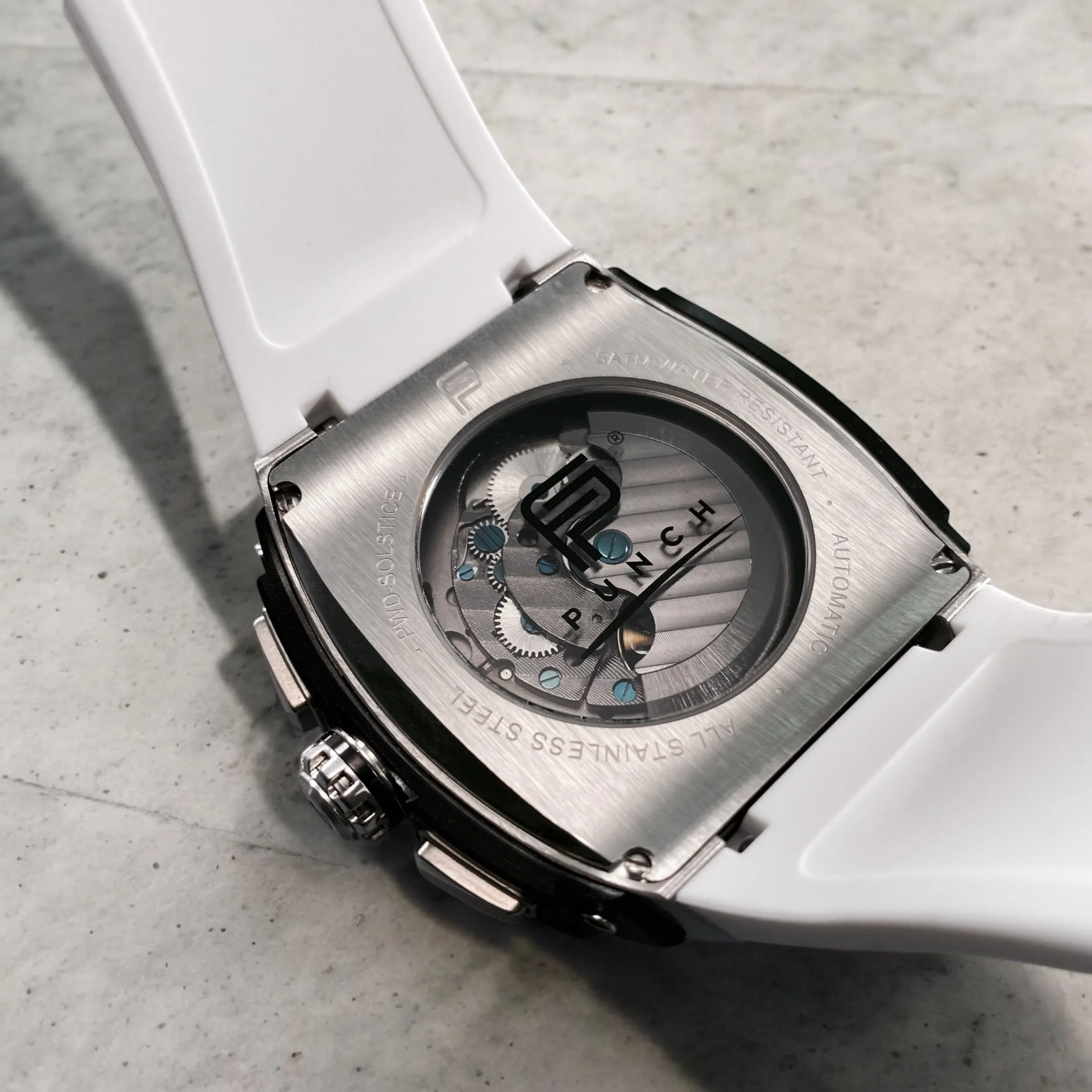 PUNCH Silver & Black Square Automatic Men's Watch - White Silicone Strap