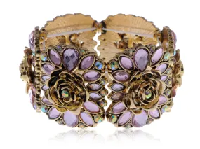 Purple Violet Amethyst Gold Rose Flower Bracelet Bangle Cuff