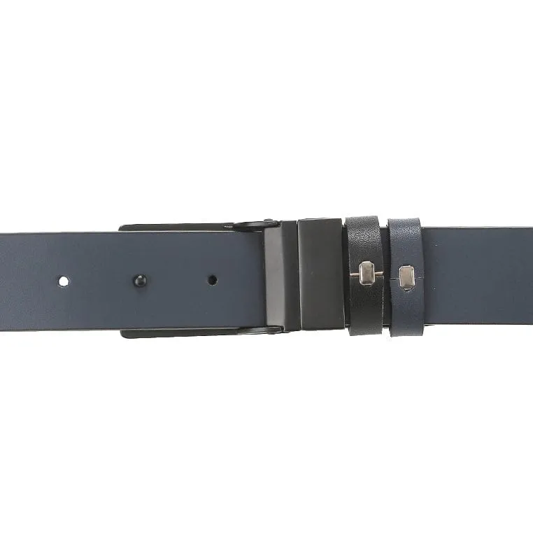 Ratchet Plate Buckle Reversible Top Grain Leather Belt - Black Blue