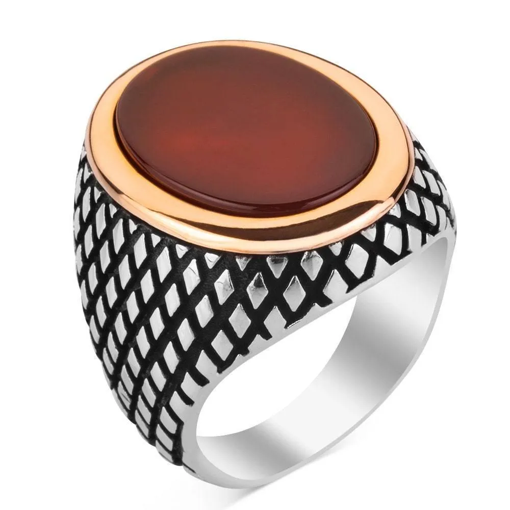 Red Agate Gemstone Ring, Men Vintage Ring