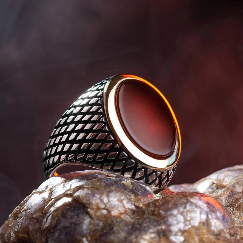 Red Agate Gemstone Ring, Men Vintage Ring