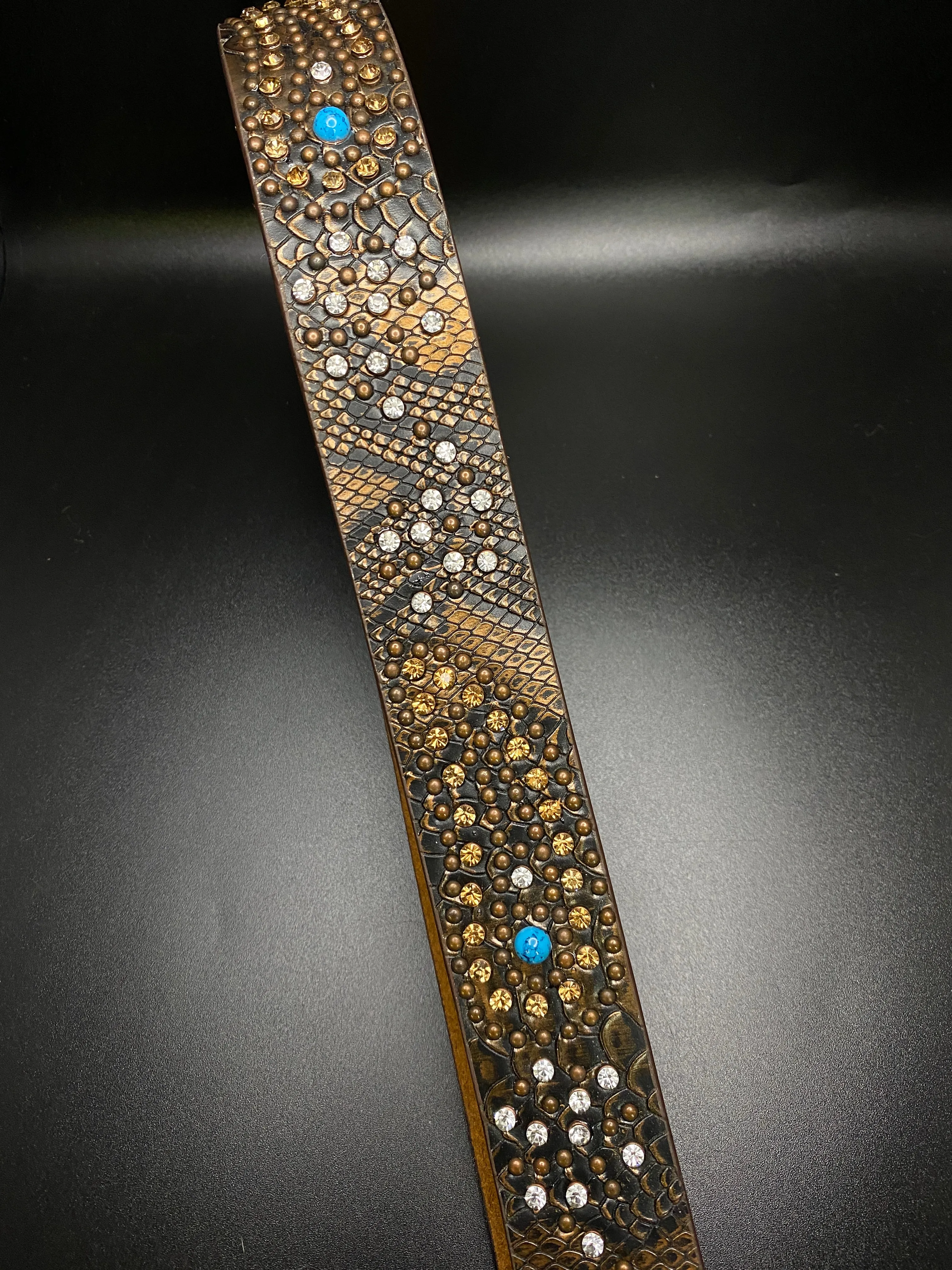 Rhinestone Studded Leather Belt with Turquoise Accents-Brown
