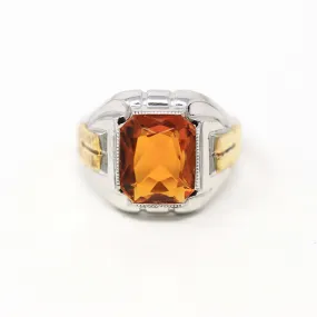 Sale - Art Deco Ring - Vintage Sterling Silver Emerald Cut Simulated Citrine Orange Glass Stone - 1930s Era Size 11 1/4 Ostby Barton Jewelry