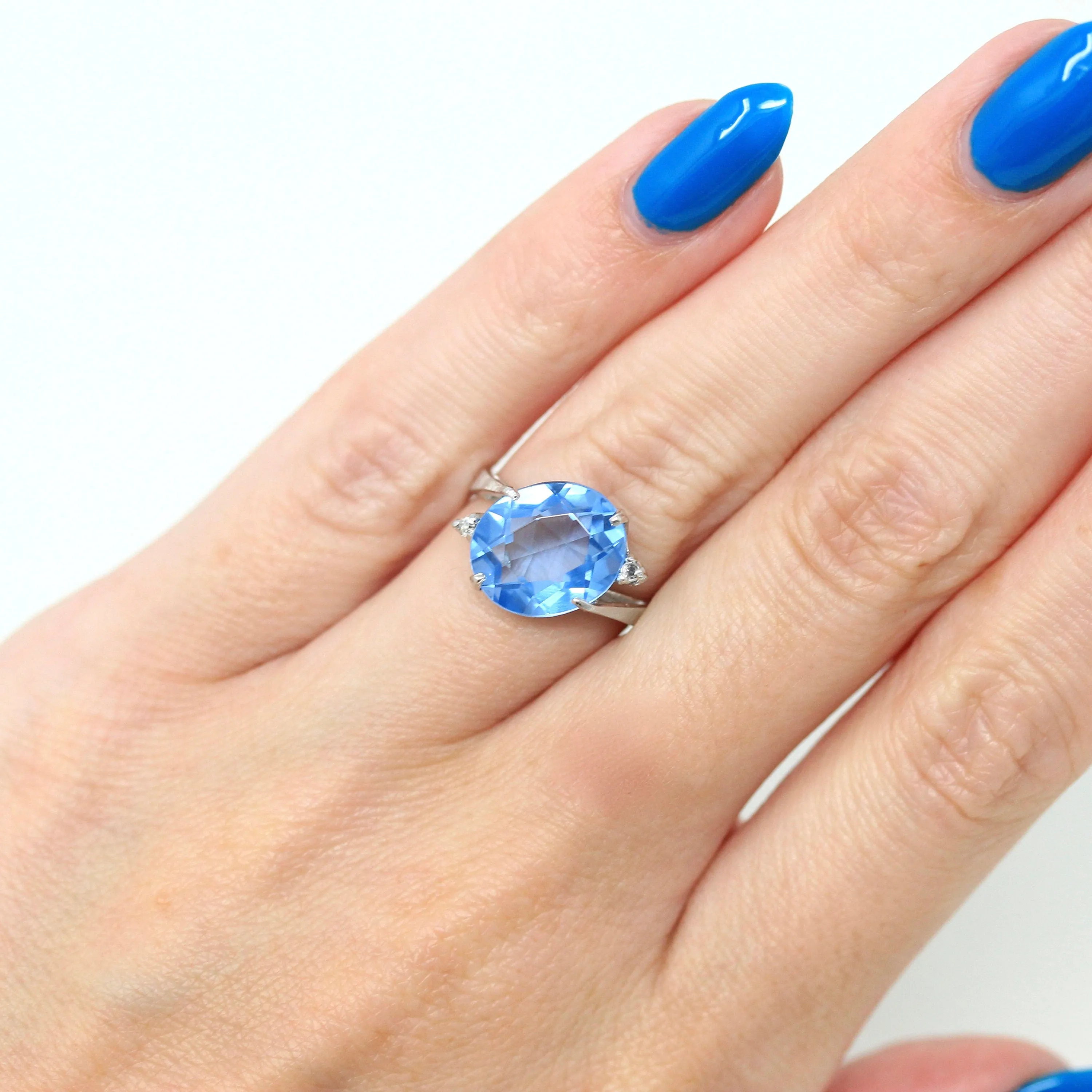 Sale - Created Spinel Ring - Retro 10k White Gold Oval Faceted 4.83 CT Blue Stone - Vintage Circa 1960s Era Size 5 1/2 Statement 60s Jewelry