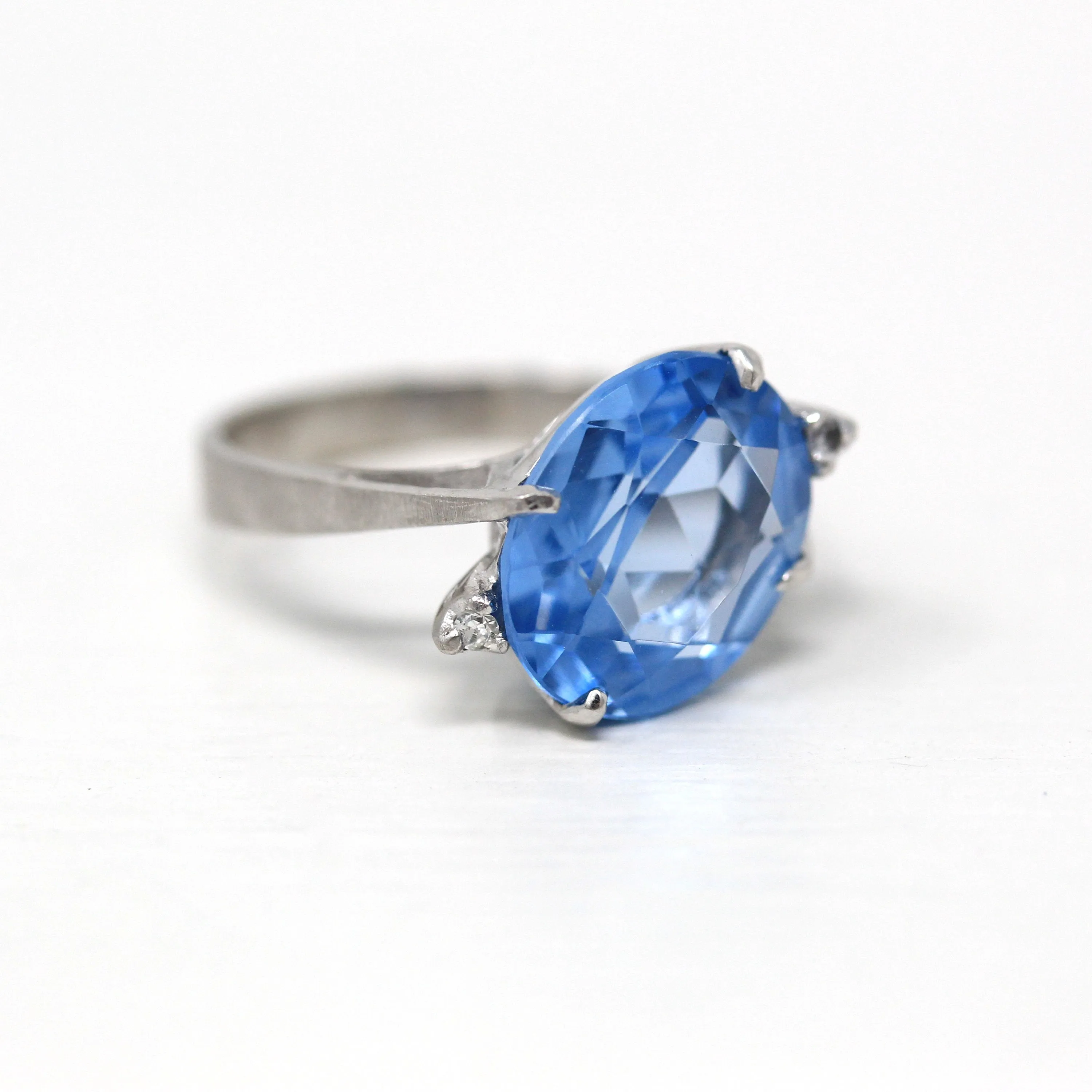 Sale - Created Spinel Ring - Retro 10k White Gold Oval Faceted 4.83 CT Blue Stone - Vintage Circa 1960s Era Size 5 1/2 Statement 60s Jewelry