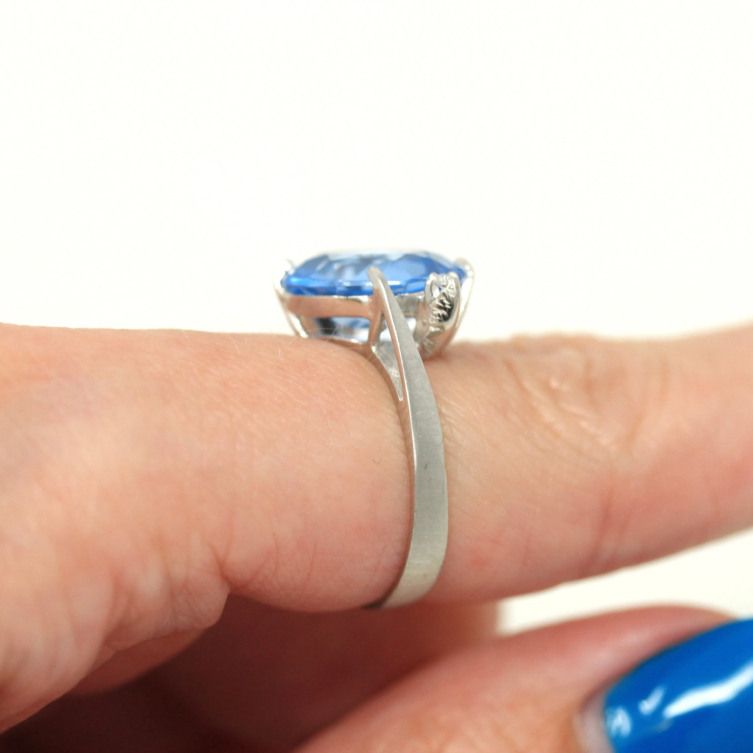 Sale - Created Spinel Ring - Retro 10k White Gold Oval Faceted 4.83 CT Blue Stone - Vintage Circa 1960s Era Size 5 1/2 Statement 60s Jewelry