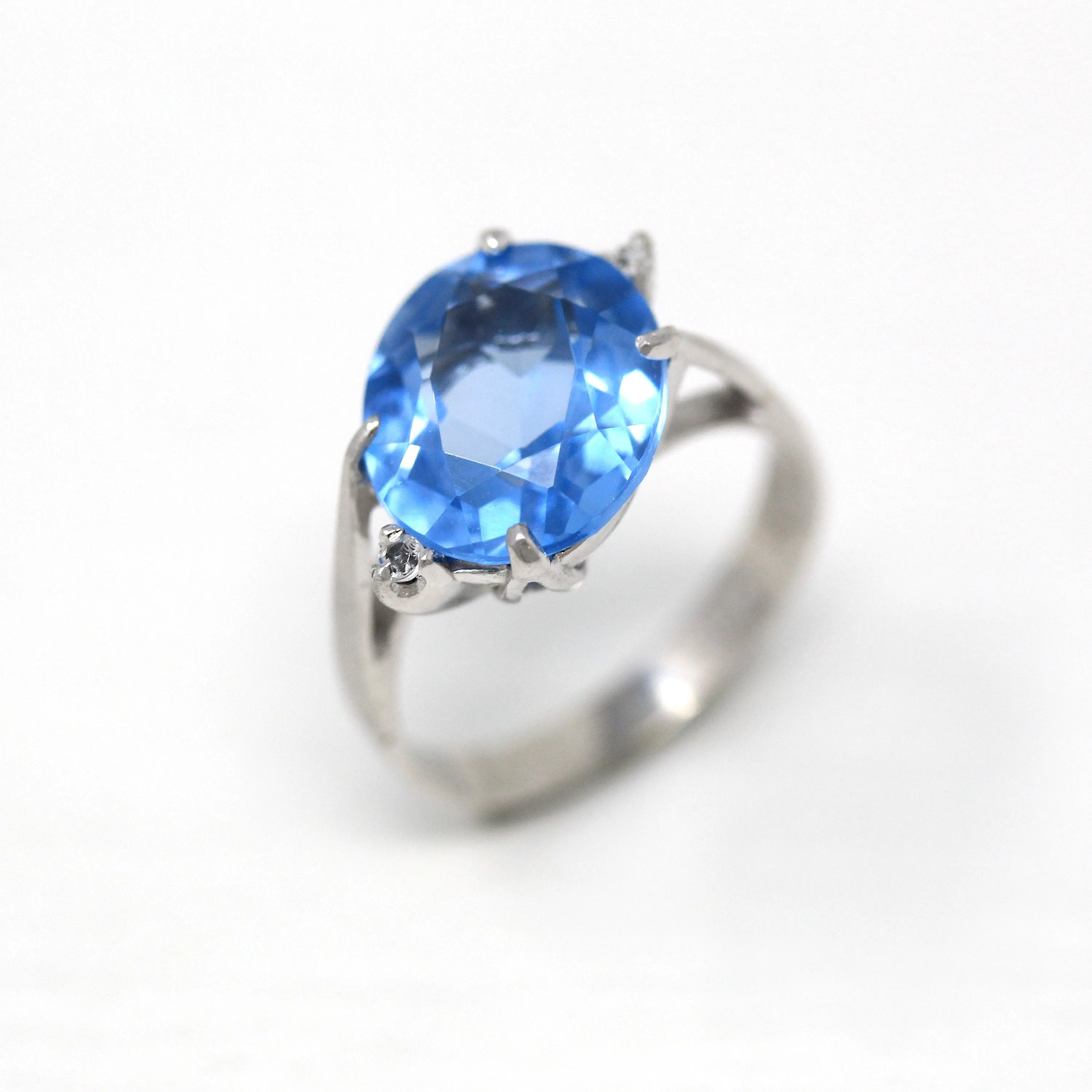 Sale - Created Spinel Ring - Retro 10k White Gold Oval Faceted 4.83 CT Blue Stone - Vintage Circa 1960s Era Size 5 1/2 Statement 60s Jewelry