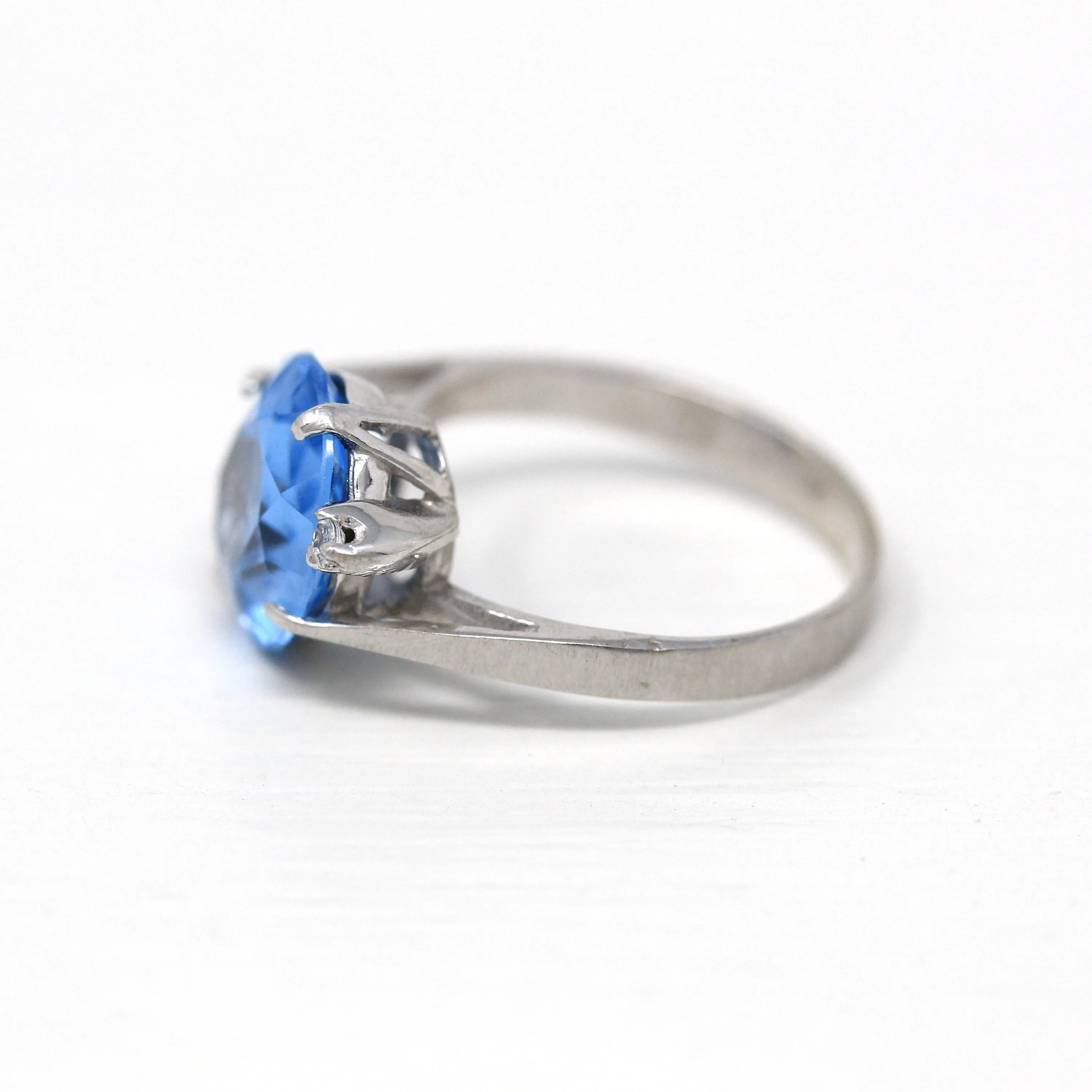 Sale - Created Spinel Ring - Retro 10k White Gold Oval Faceted 4.83 CT Blue Stone - Vintage Circa 1960s Era Size 5 1/2 Statement 60s Jewelry